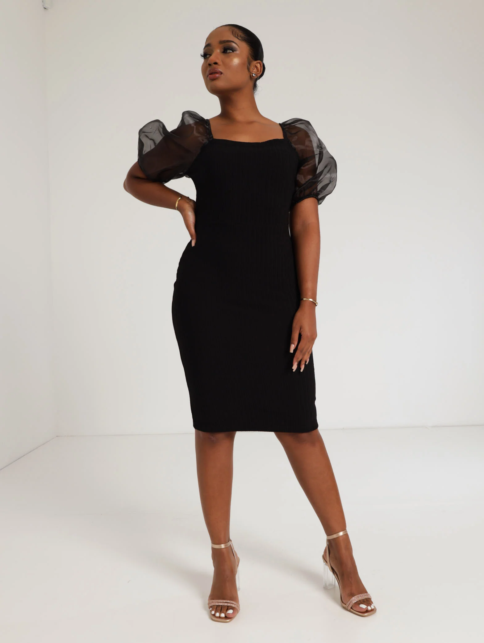 Ottoman Organza Sleeve Dress - Black - Image 2