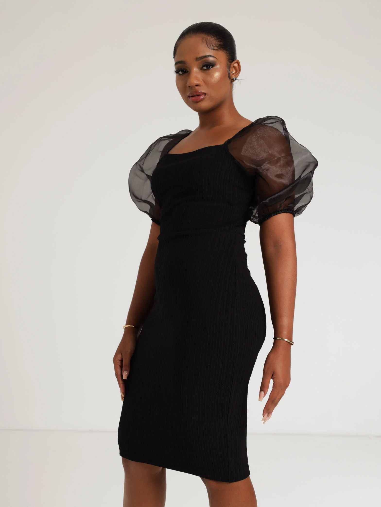 Ottoman Organza Sleeve Dress - Black - Image 3