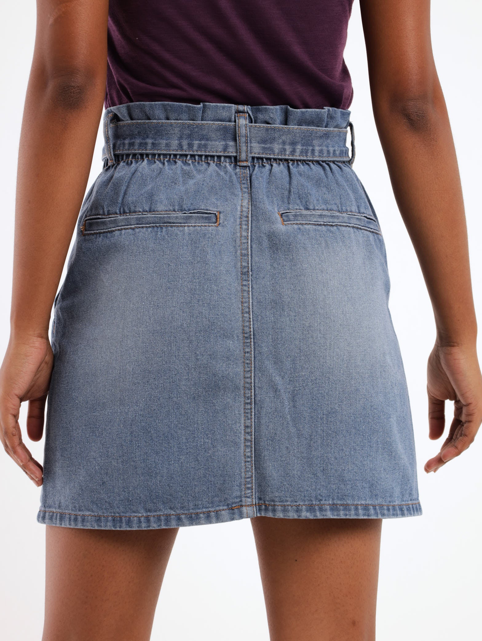 Paperbag Pleated Front Mini Skirt - Stonewash - Image 4