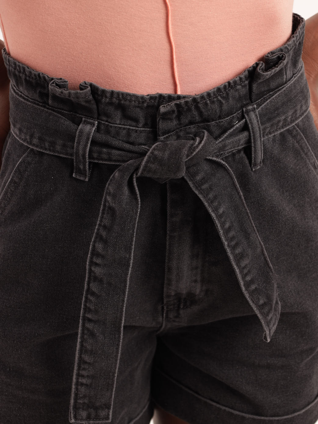 Paperbag Self Belt Denim Short - Black - Image 5