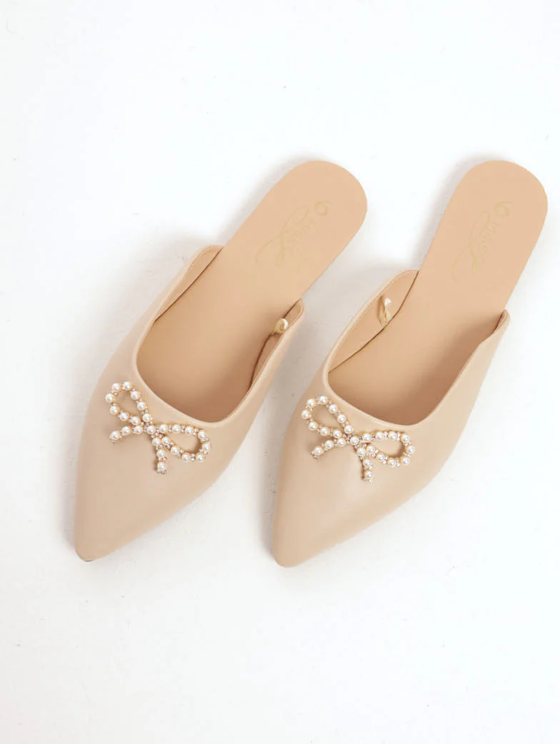 Pearl Bow Push-In Slingback Shoe - Natural