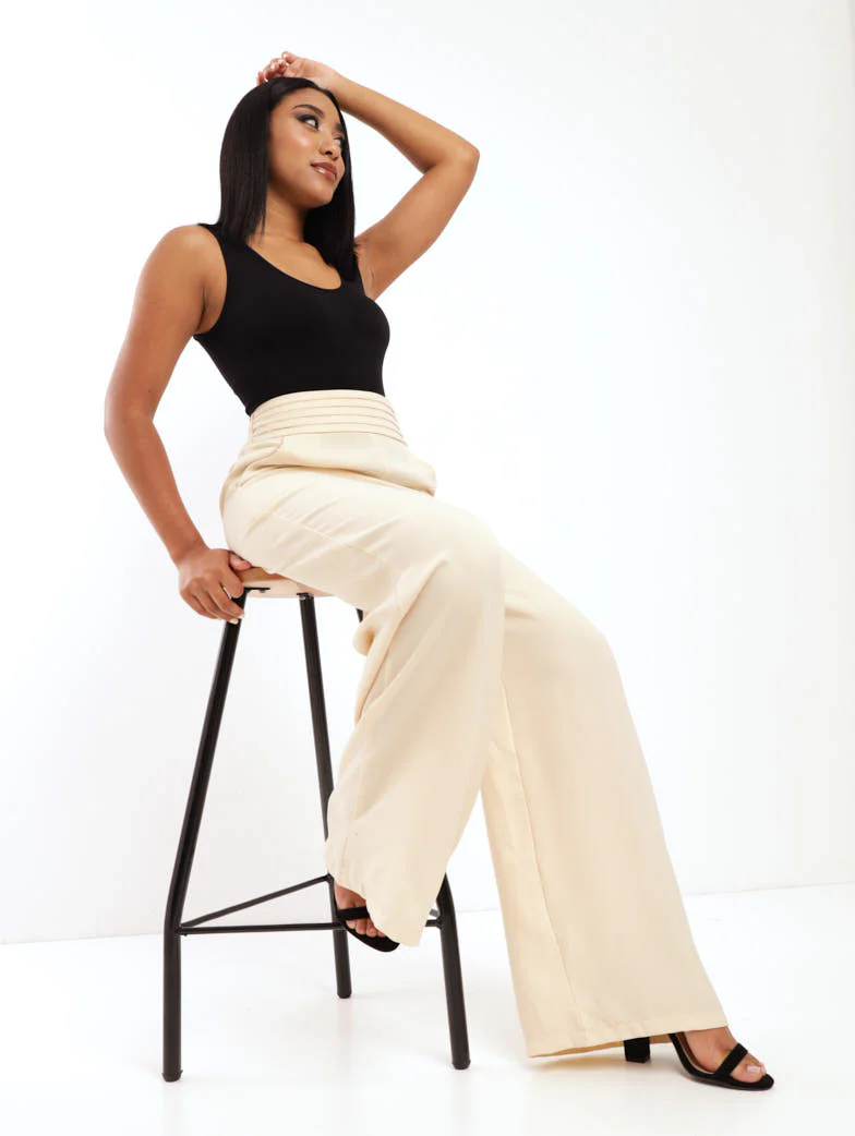Pin Tuck Waistband Detail Wideleg Pant - Sand - Image 2