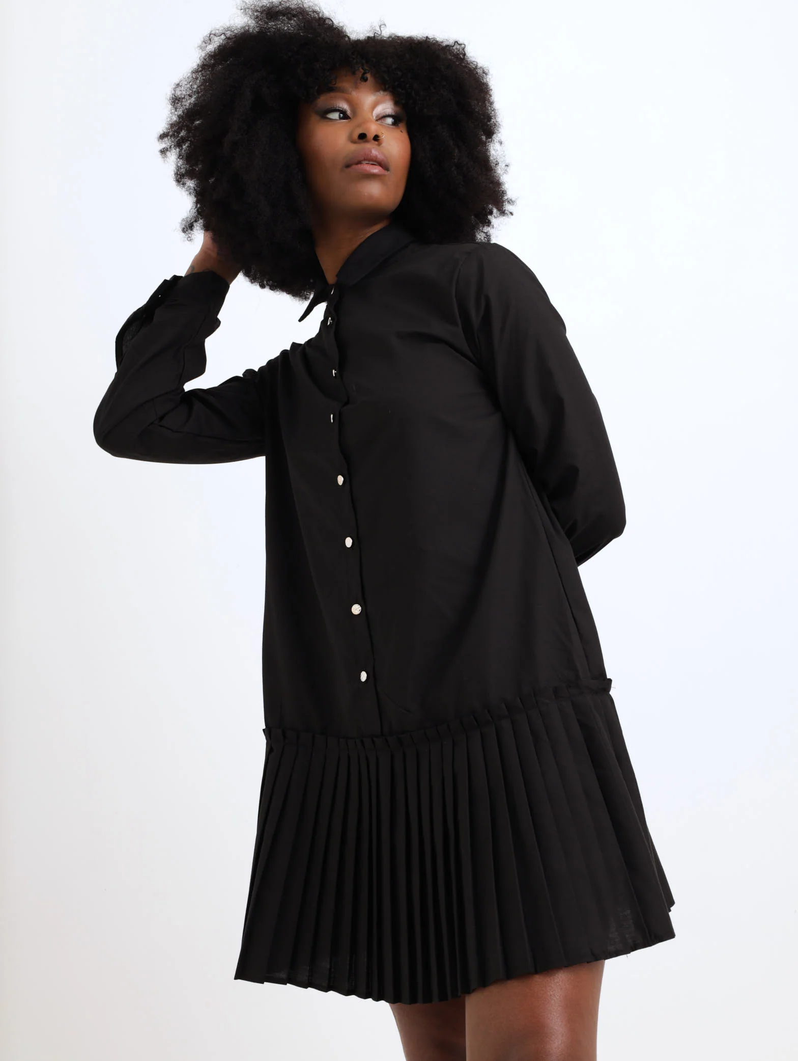 Pleat Detail Shirt Mini Dress - Black
