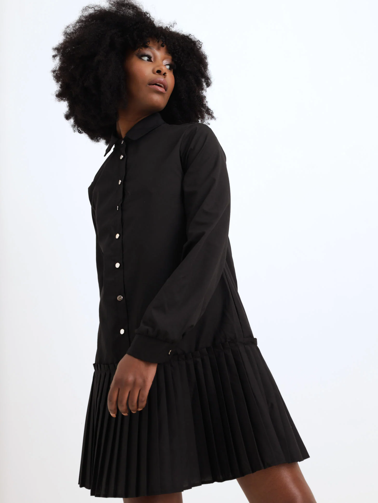Pleat Detail Shirt Mini Dress - Black - Image 2
