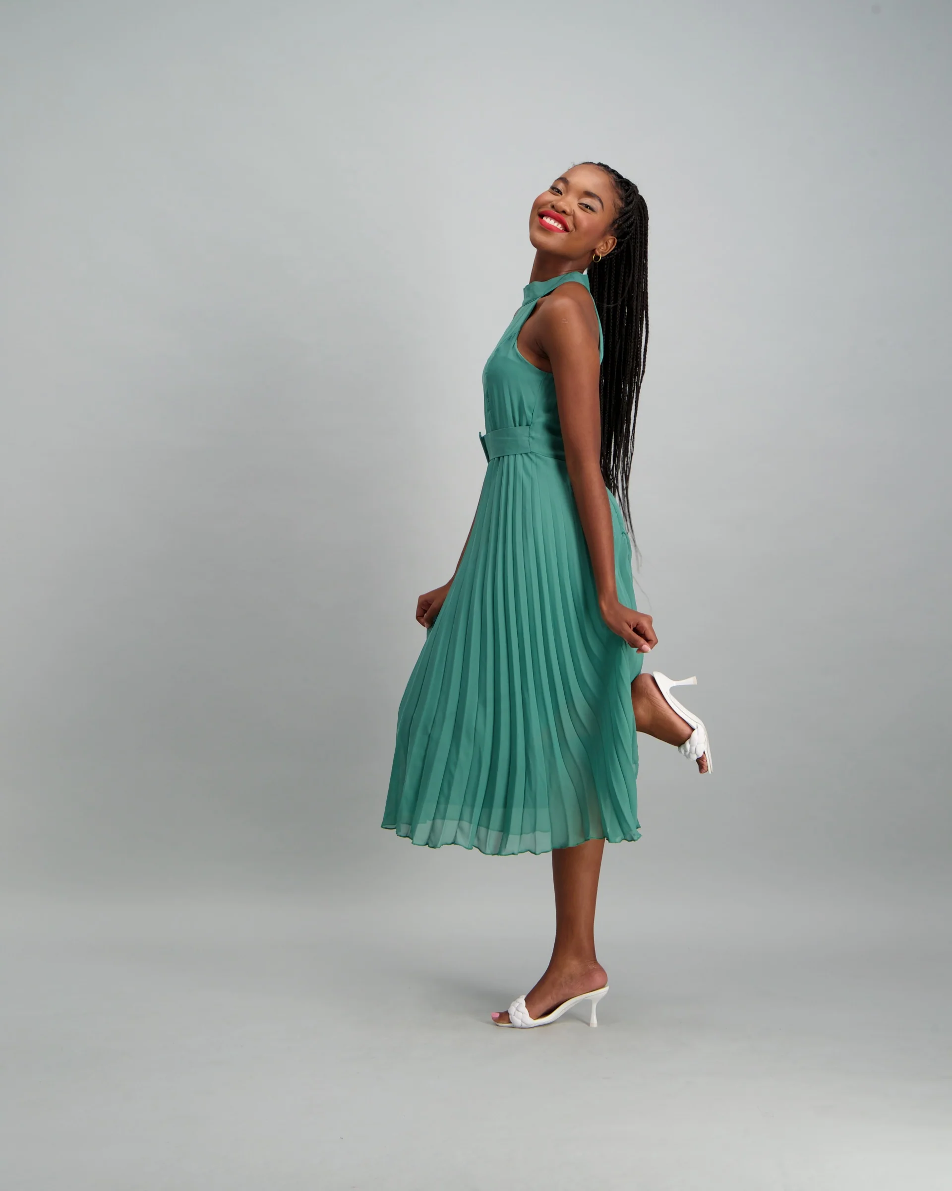 Pleated Dress with Belt Detail - Seaweed Green