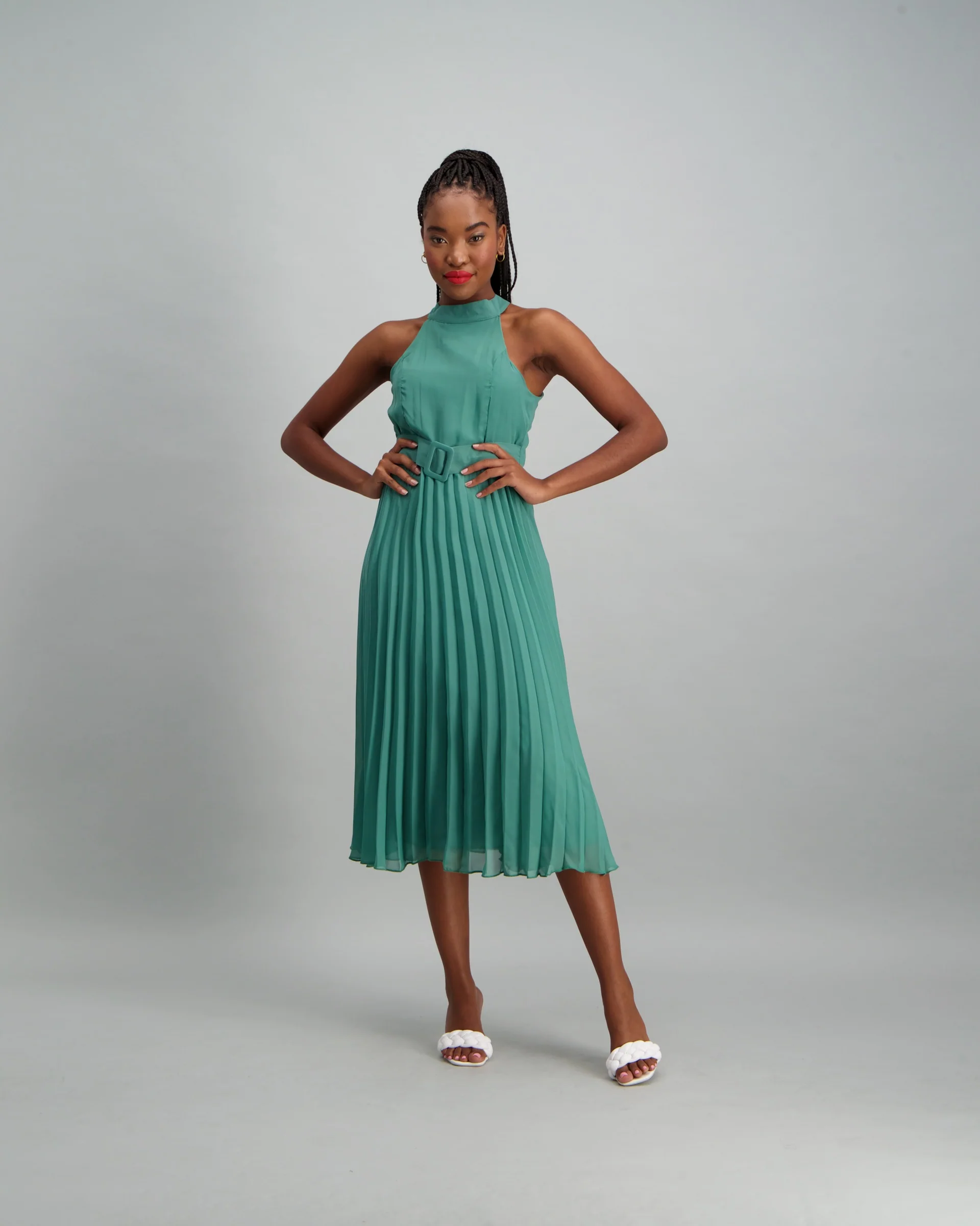 Pleated Dress with Belt Detail - Seaweed Green - Image 2