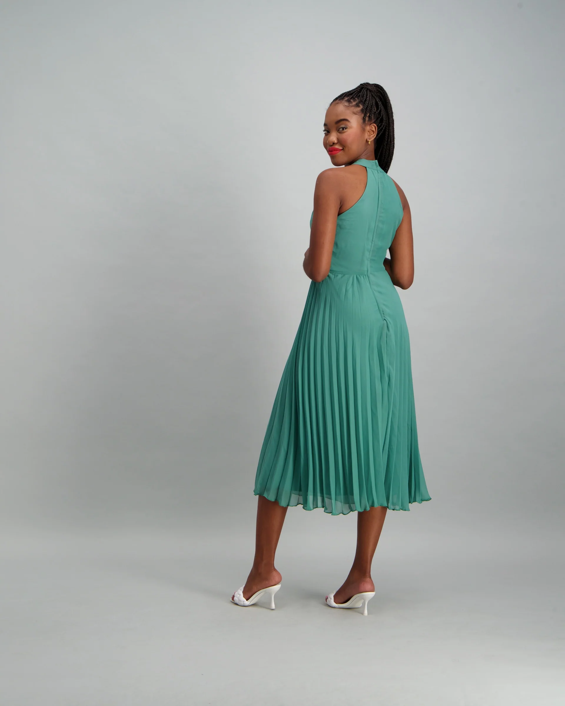 Pleated Dress with Belt Detail - Seaweed Green - Image 3