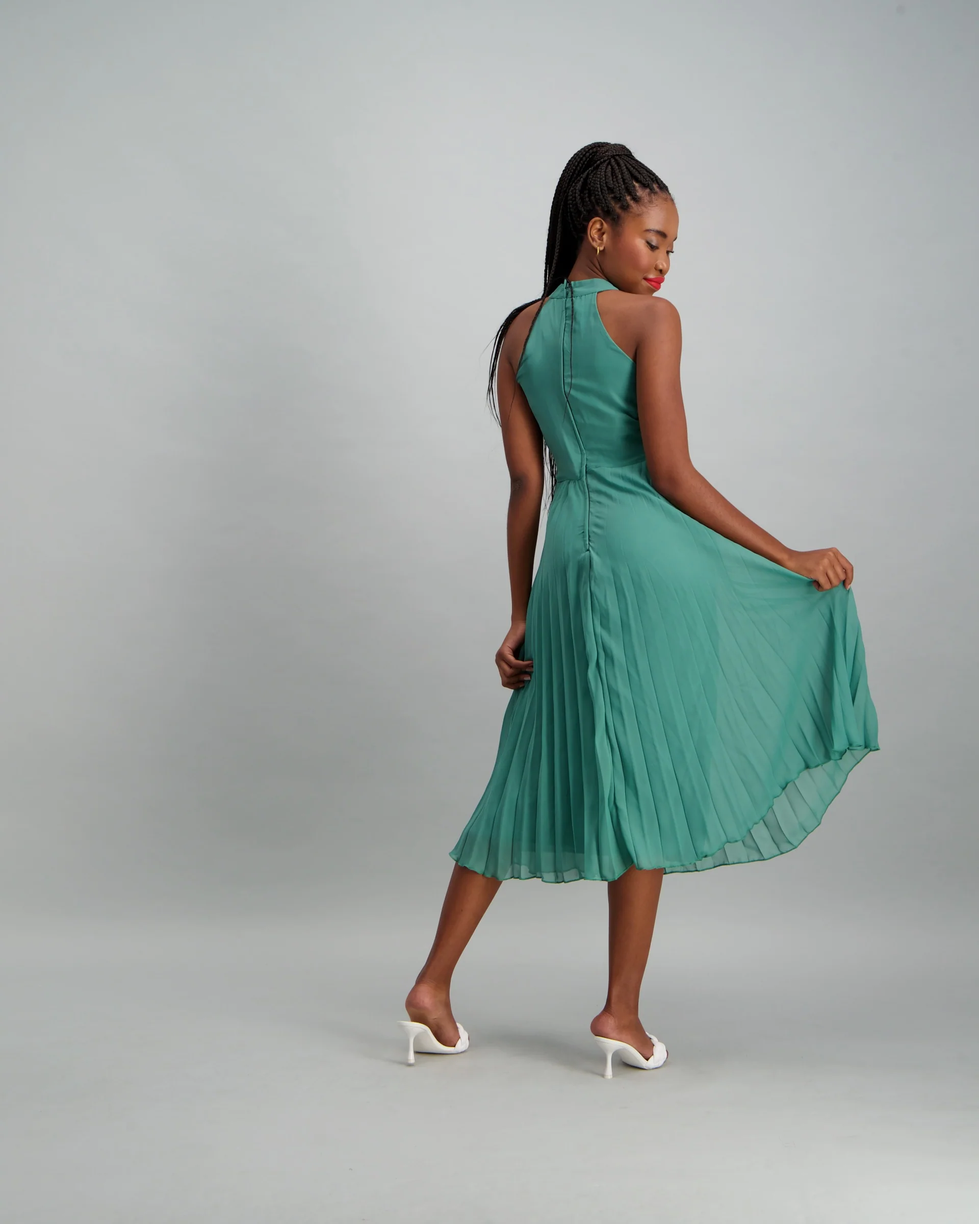 Pleated Dress with Belt Detail - Seaweed Green - Image 4