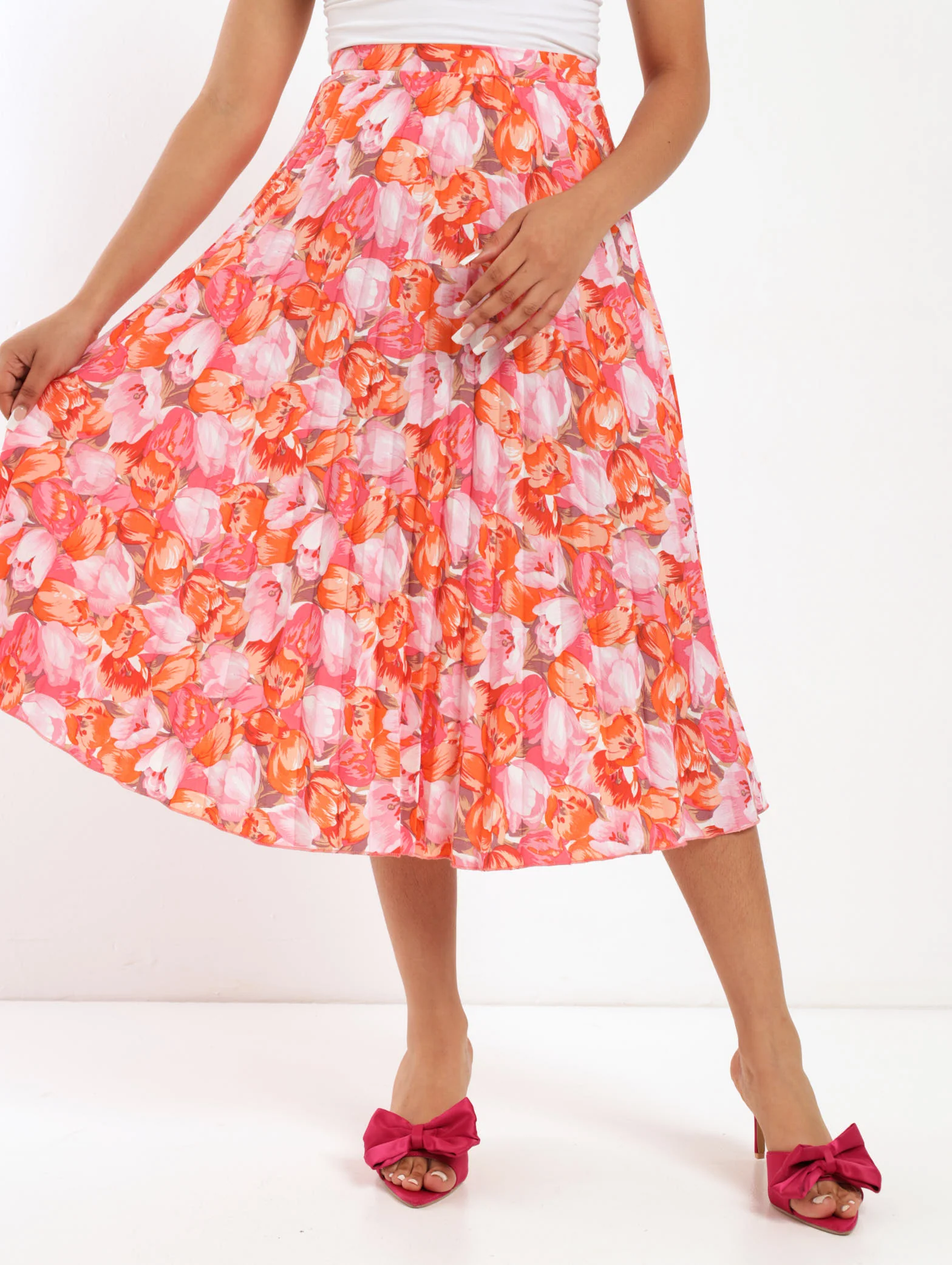 Pleated Floral Midi Skirt