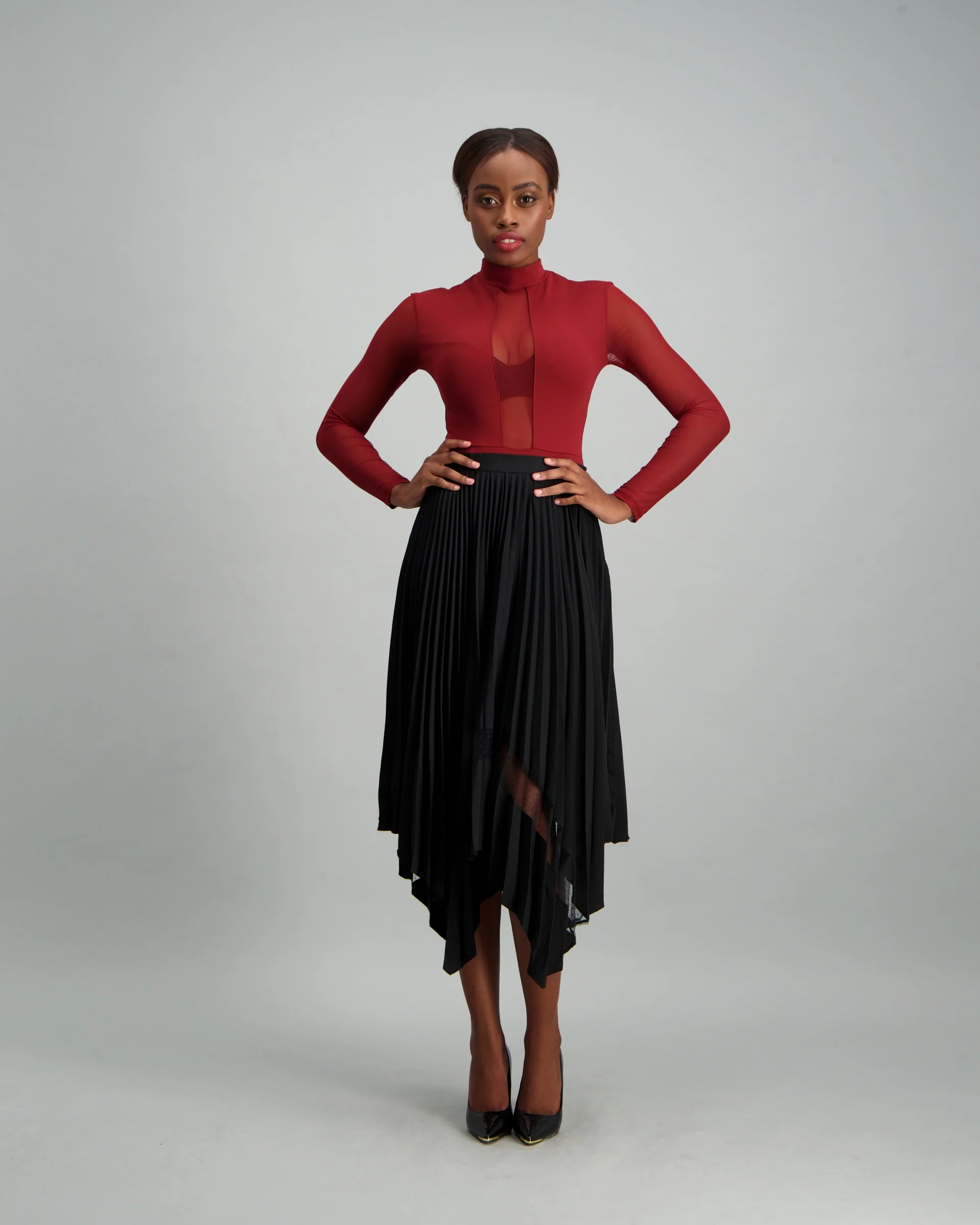 Pleated Skirt with Dobby Mesh Inset - Black - Image 2