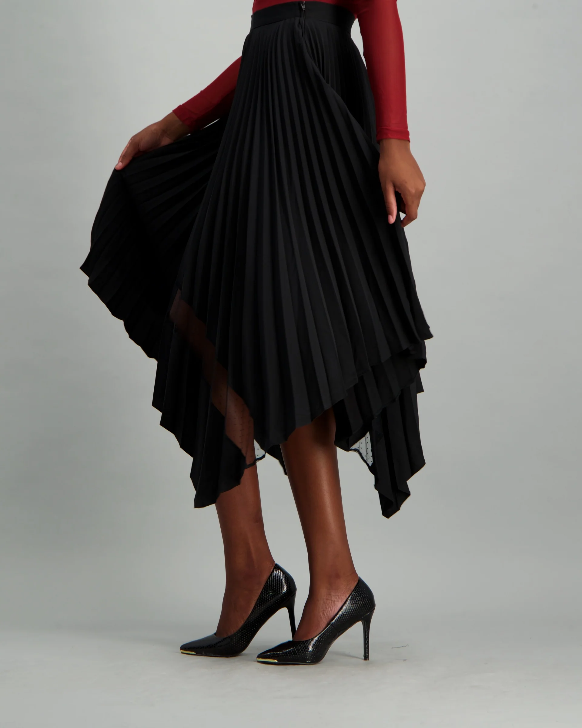 Pleated Skirt with Dobby Mesh Inset - Black - Image 3