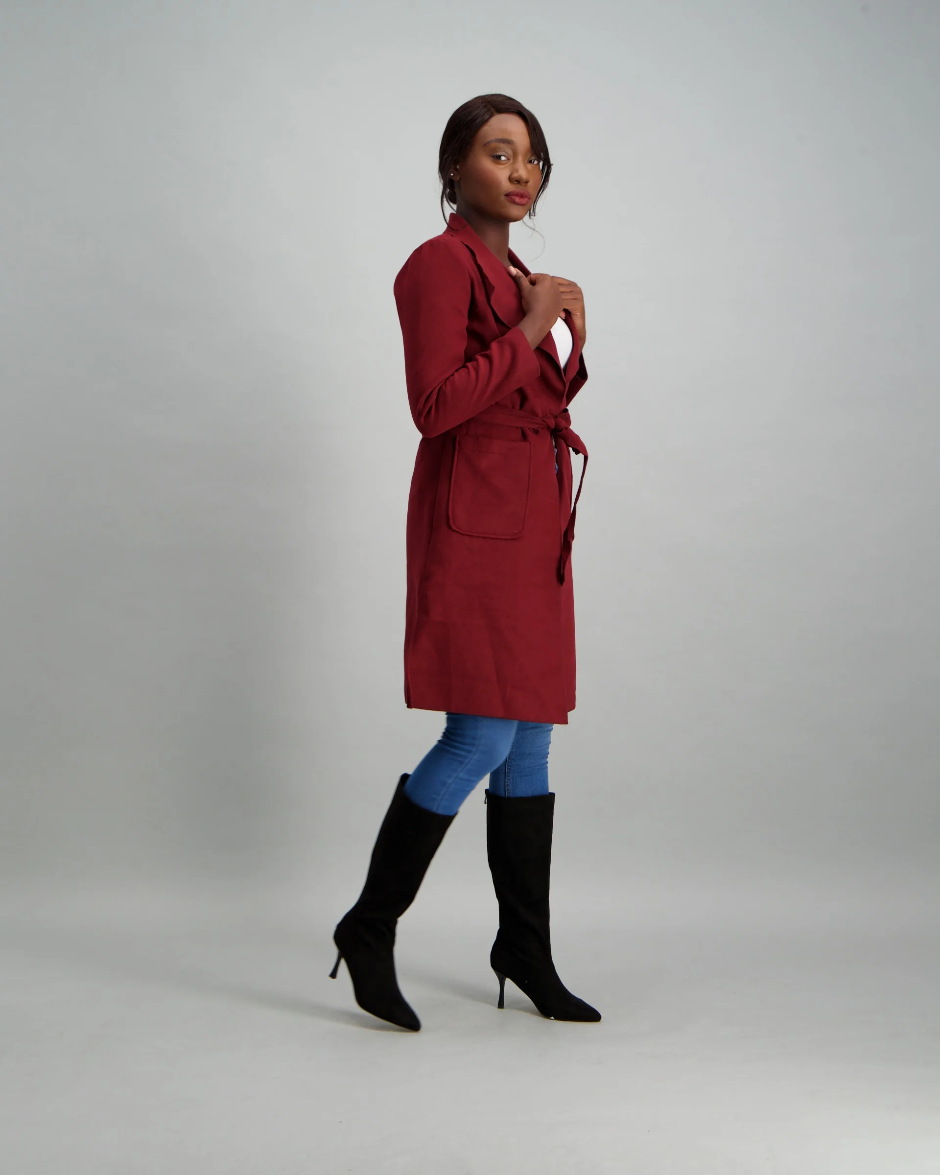 Pocket Detail Jacket with High Slit - Burgundy - Image 2