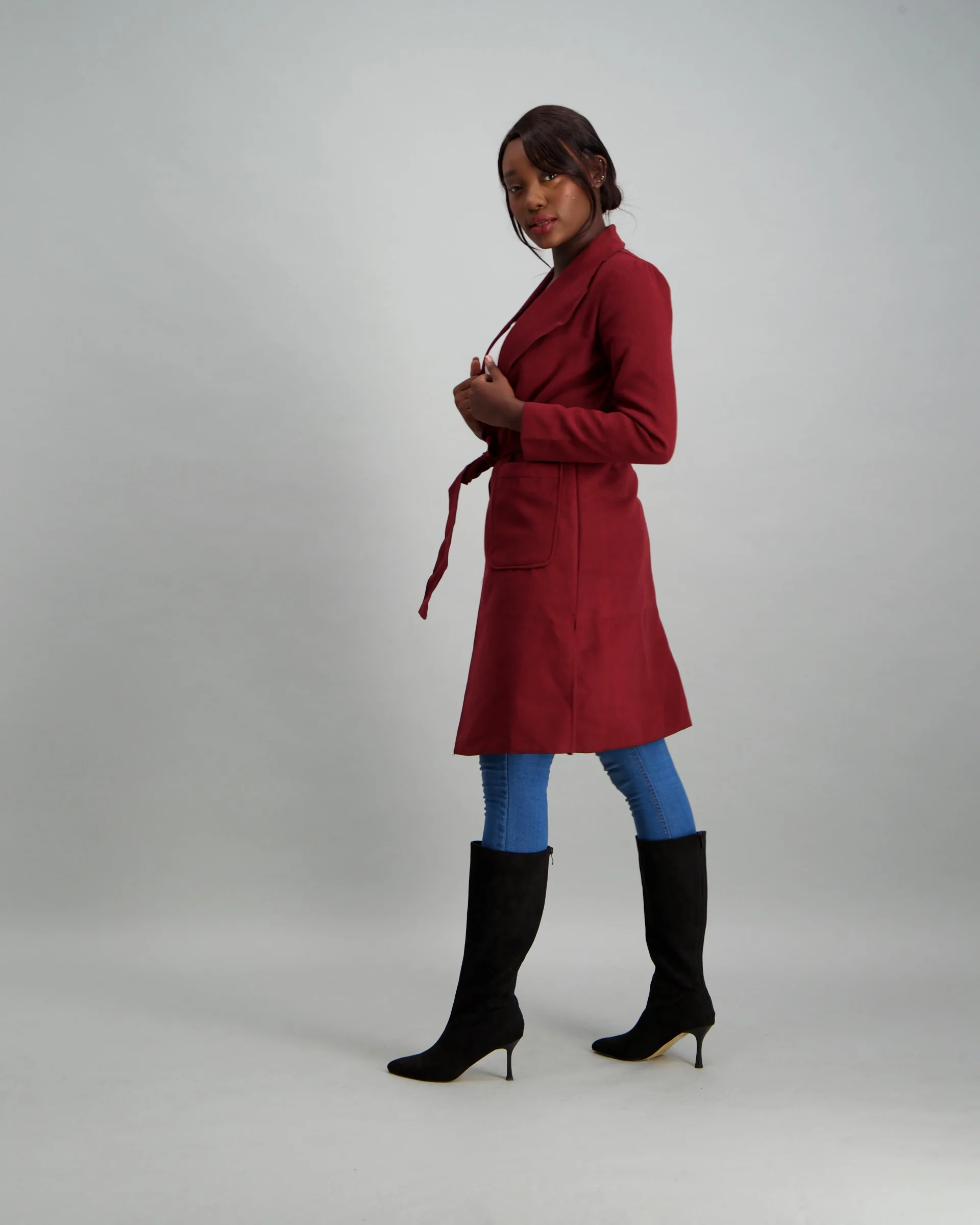 Pocket Detail Jacket with High Slit - Burgundy - Image 3
