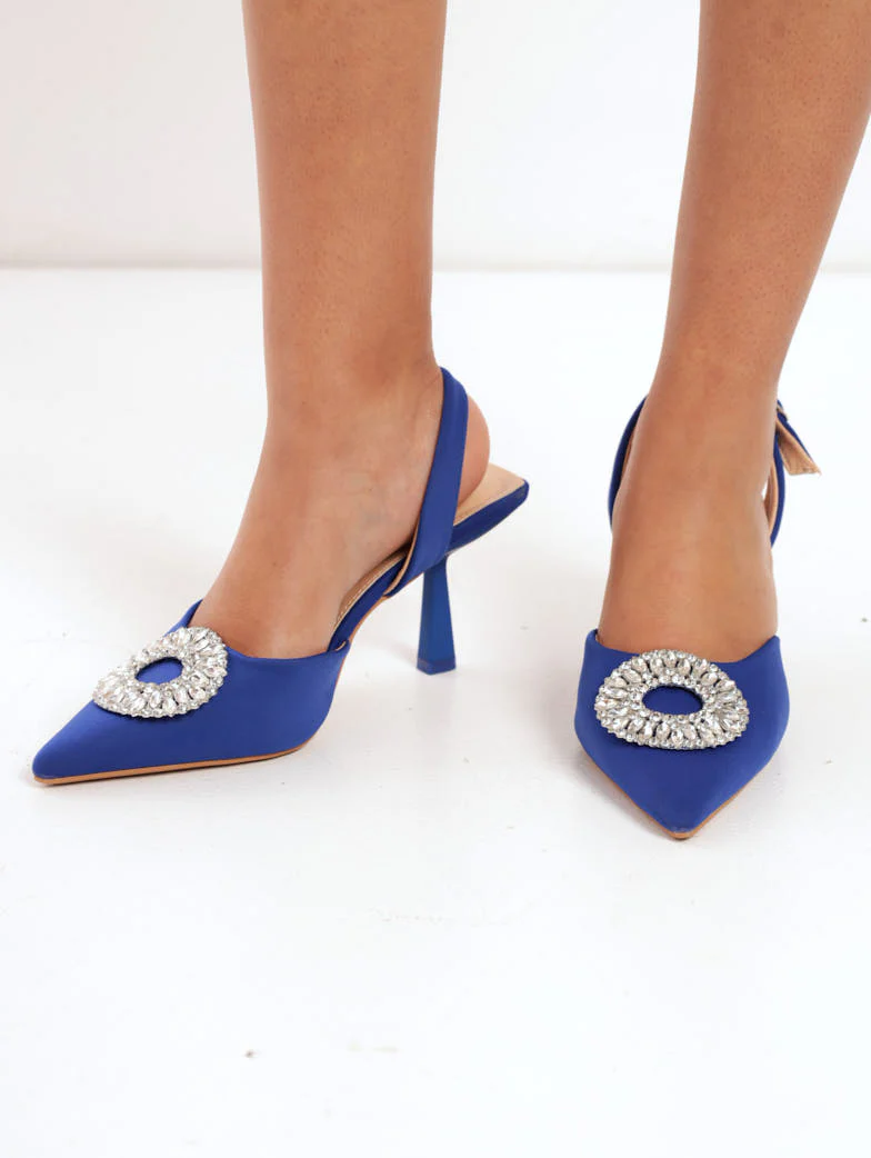 Pointy Court With Circle Jeweled Trim Mid Stiletto Heel - Cobalt
