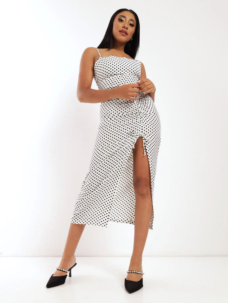 Polka Ruched Front Dress - White/Black