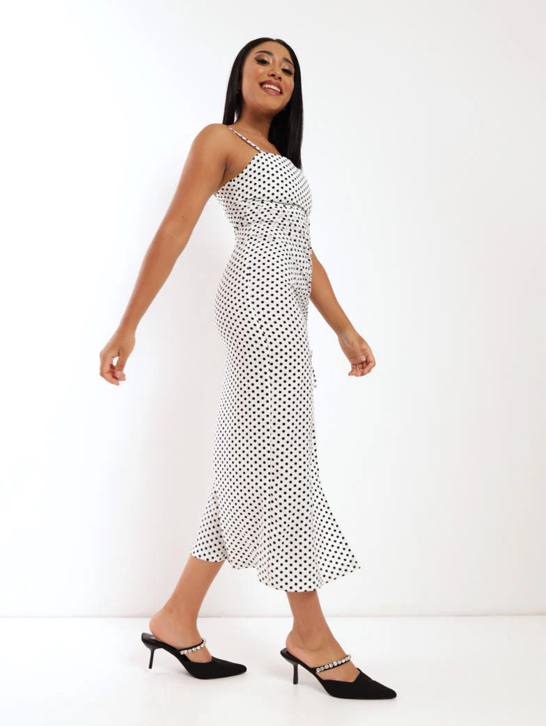 Polka Ruched Front Dress - White/Black - Image 3
