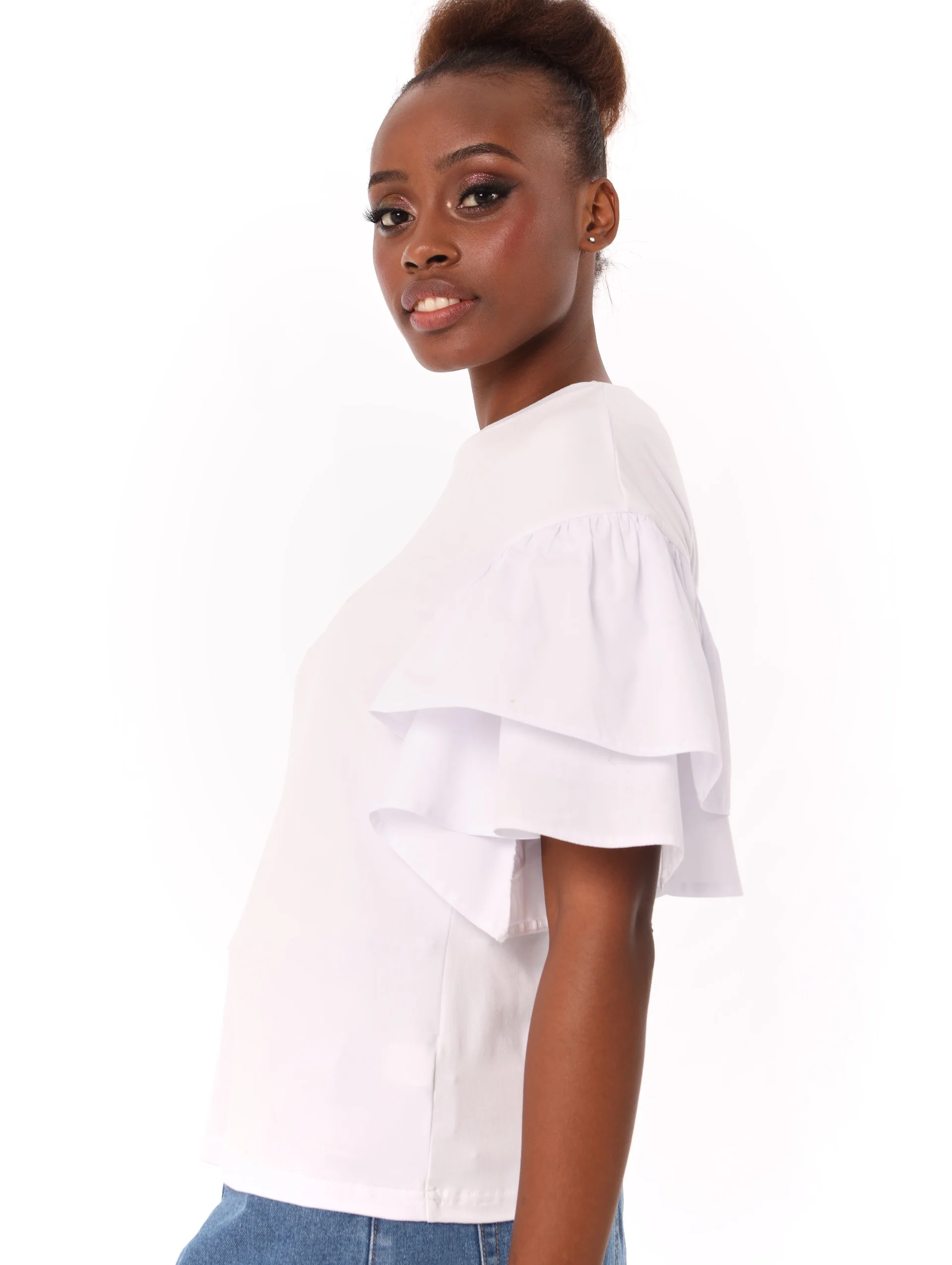 Poplin Double Frill Sleeve Top - White - Image 3