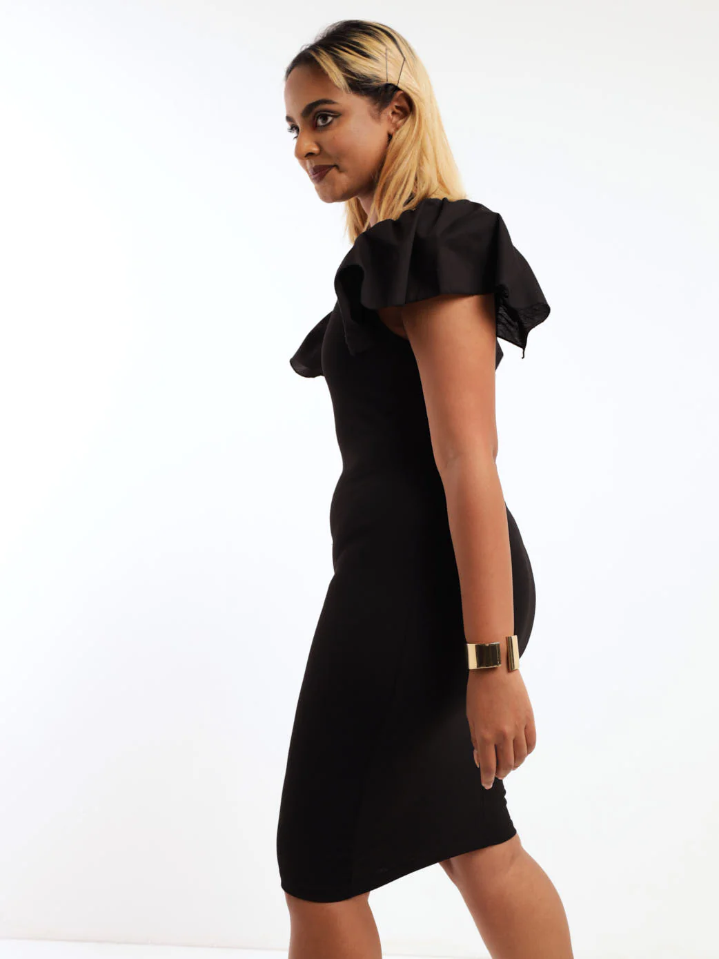 Poplin Sleeve Bodycon Dress - Black - Image 3