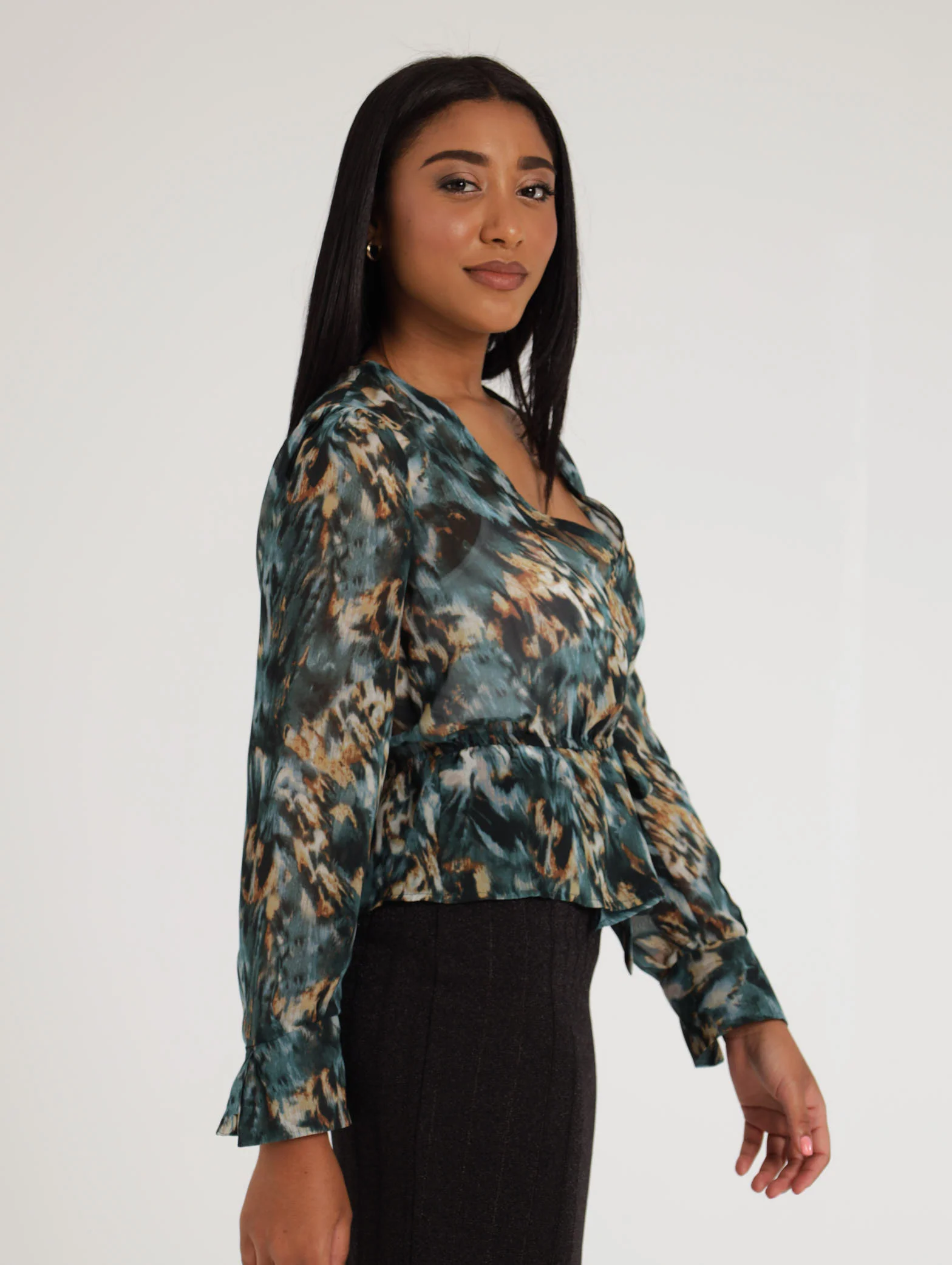 Printed Chiffon Wrap Elasticated  Peplum Top - Teal - Image 3