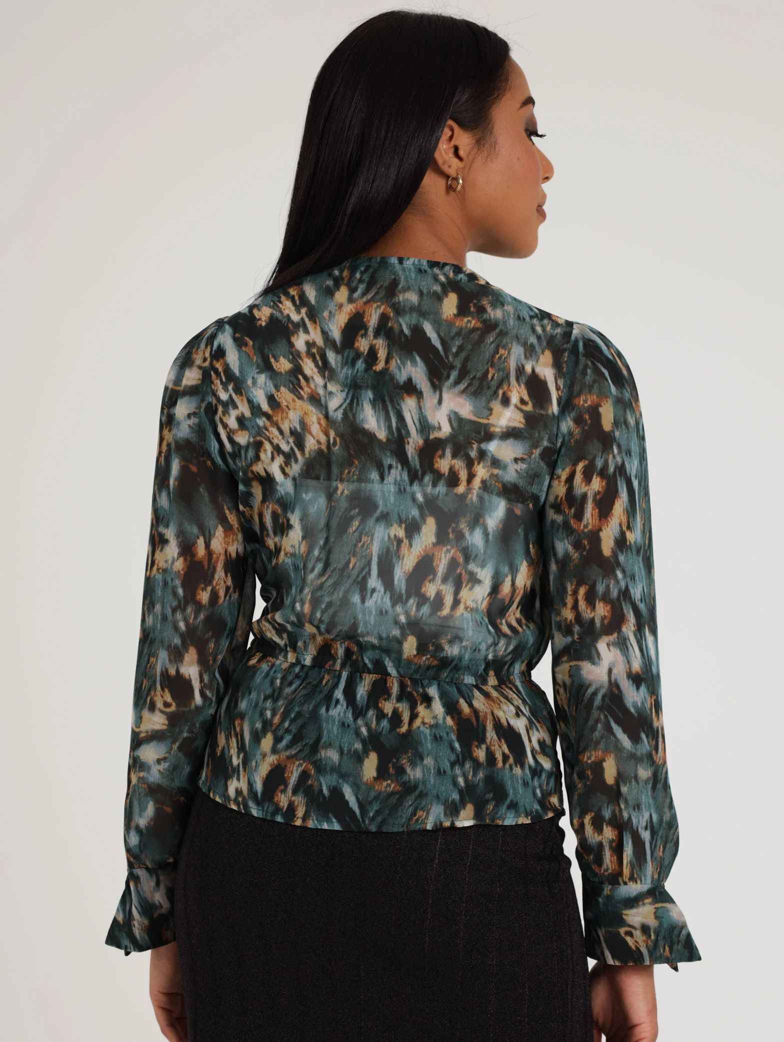 Printed Chiffon Wrap Elasticated  Peplum Top - Teal - Image 4