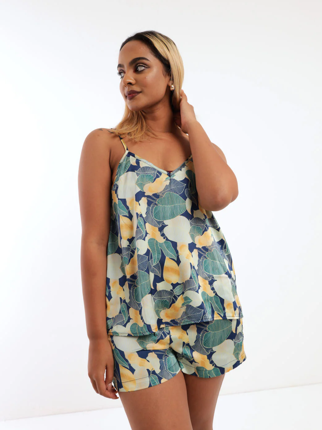 Printed Satin Cami & Short Sleepwear Set - Dark Blue - Image 2