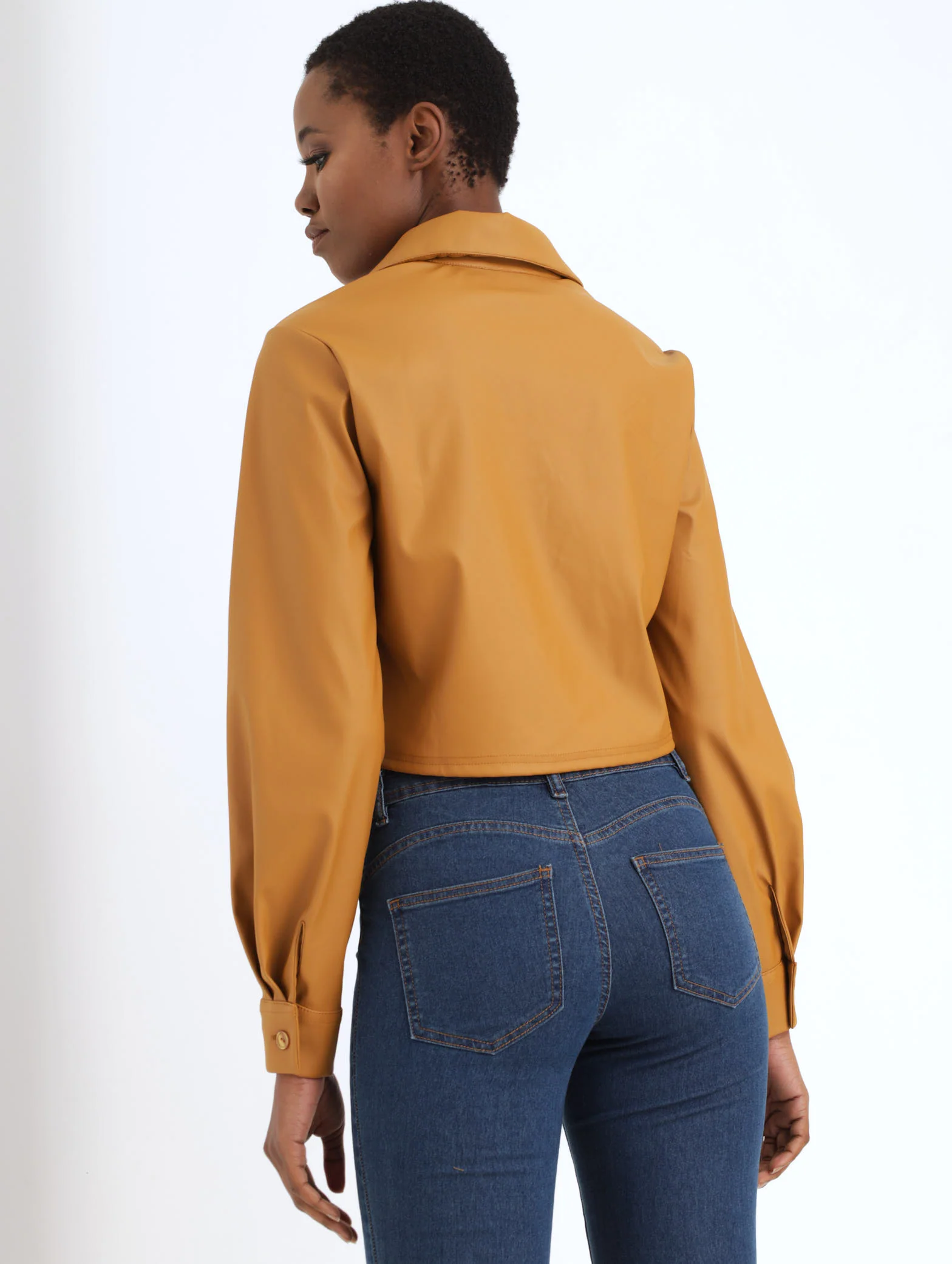 PU Crop Shirt Jacket - Tan - Image 3