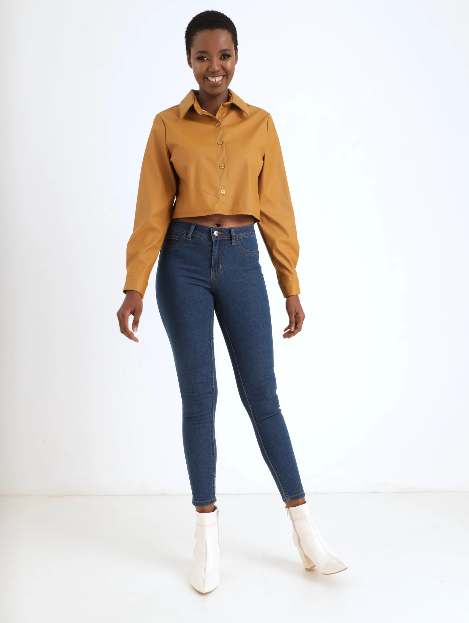 PU Crop Shirt Jacket - Tan - Image 4