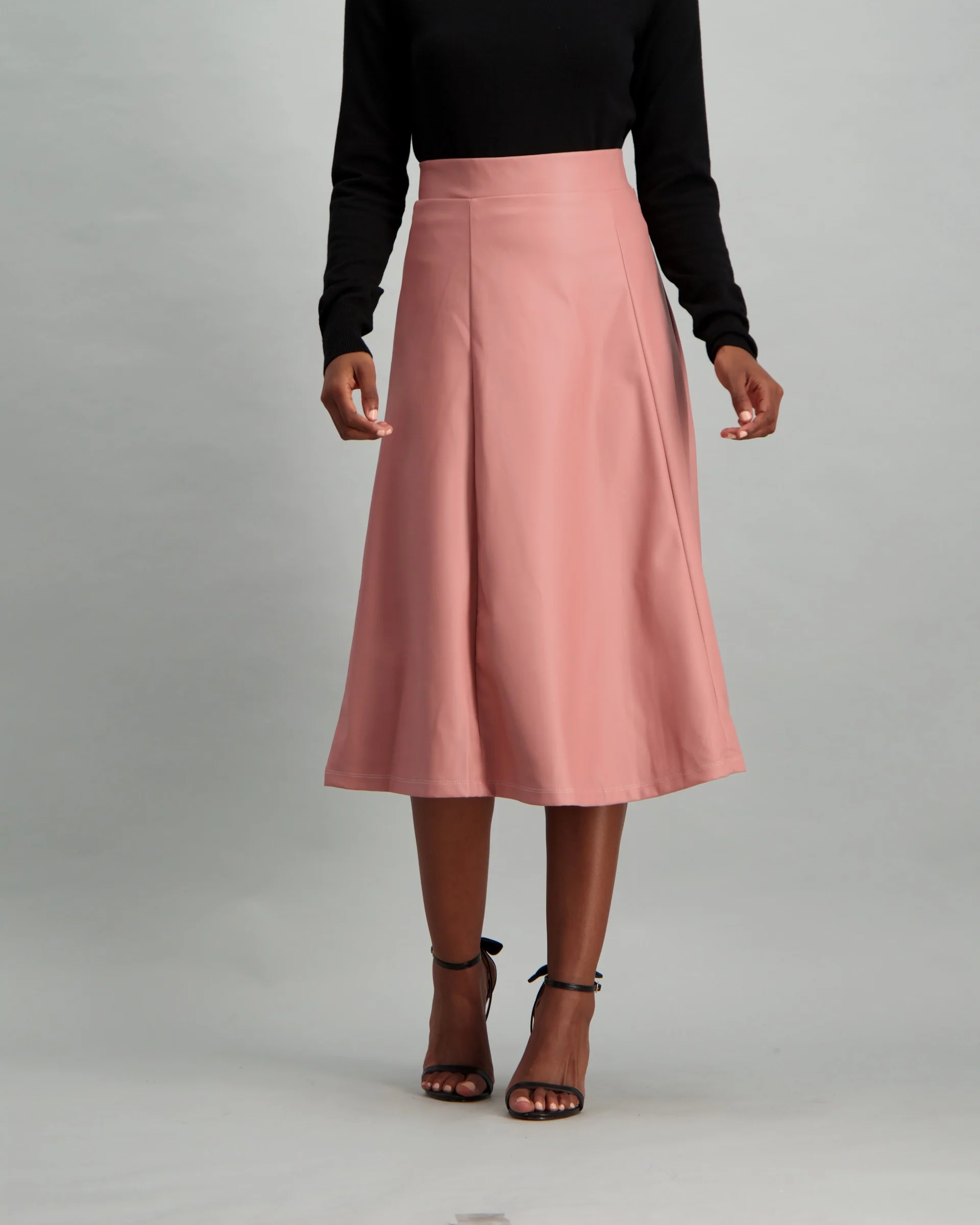 PU Flared Midi Skirt - Blush