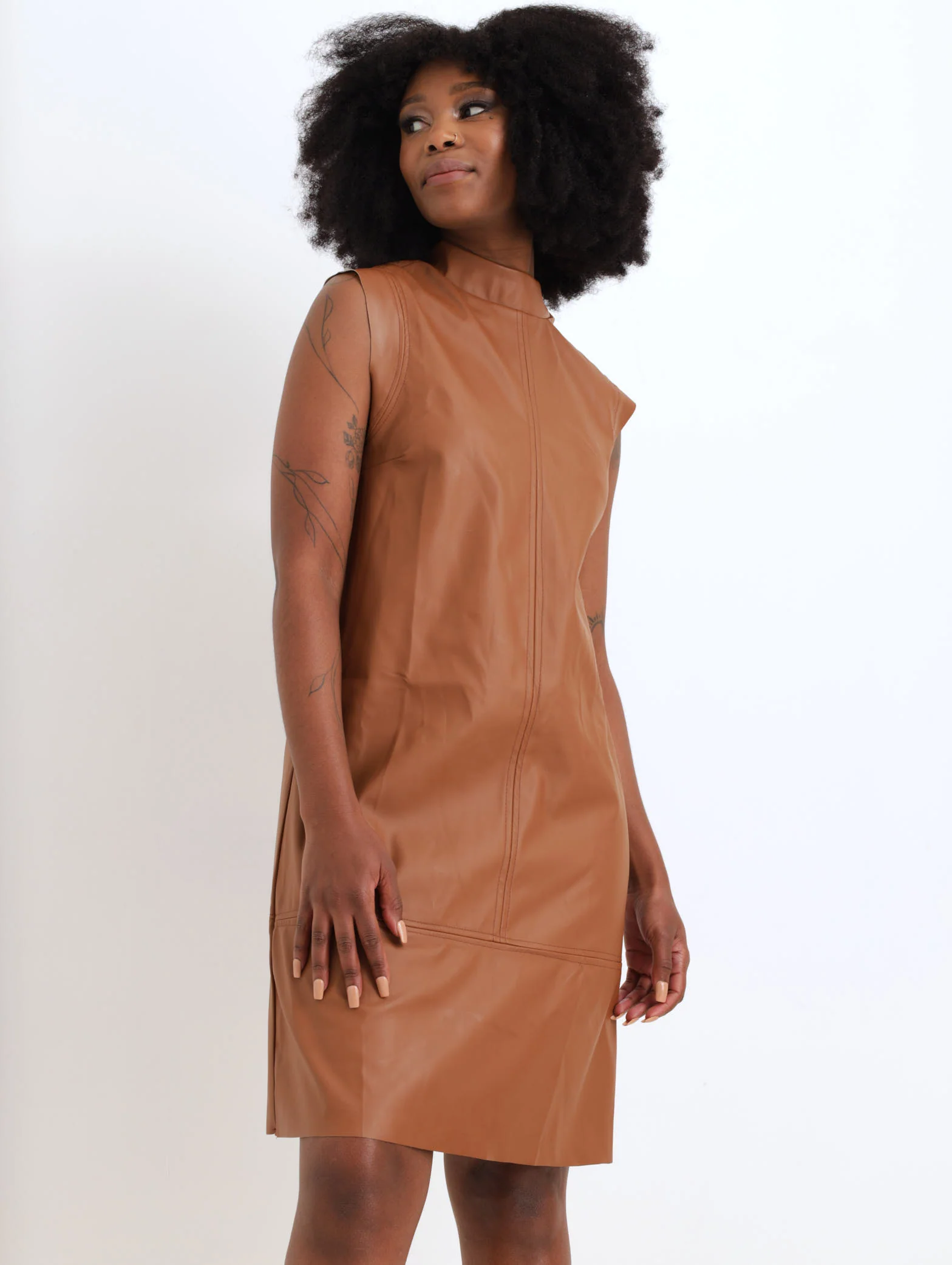 PU Sleeveless Dress - Tan - Image 2