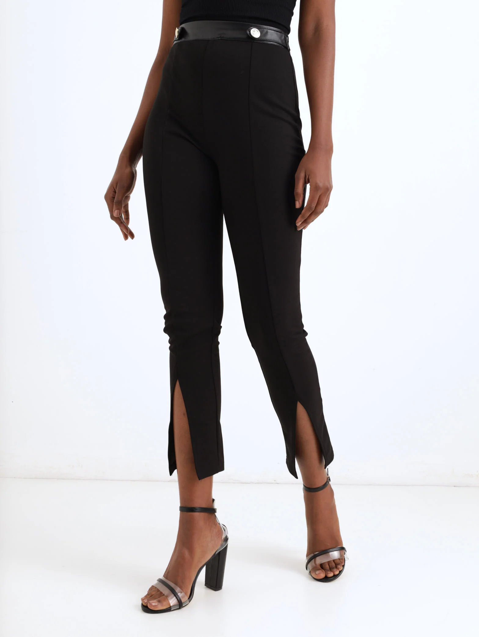 PU Waist Trim Legging With Slit Front - Black - Image 3
