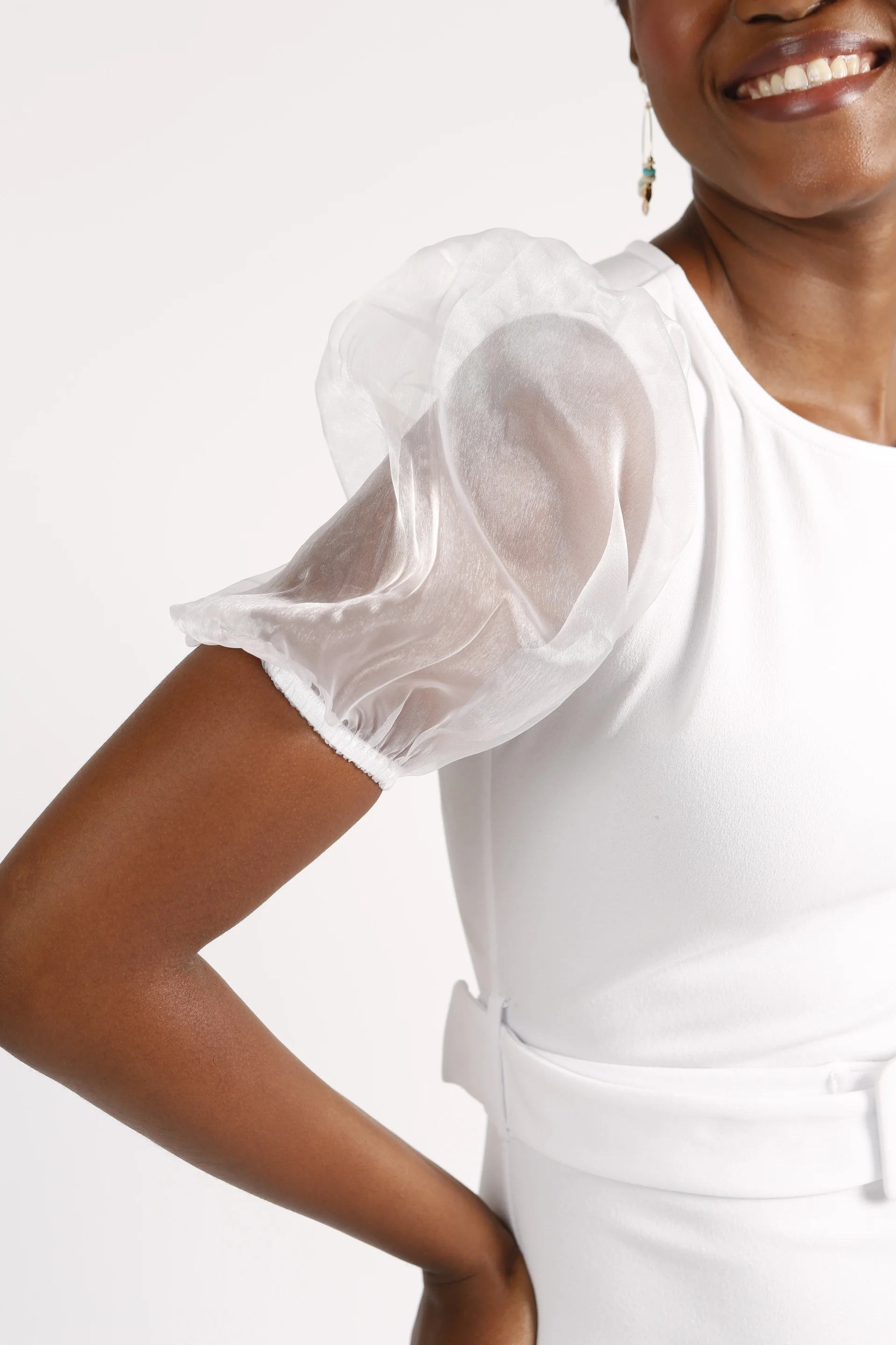 Puff Sleeve Belted Bodycon Dress - White - Image 4