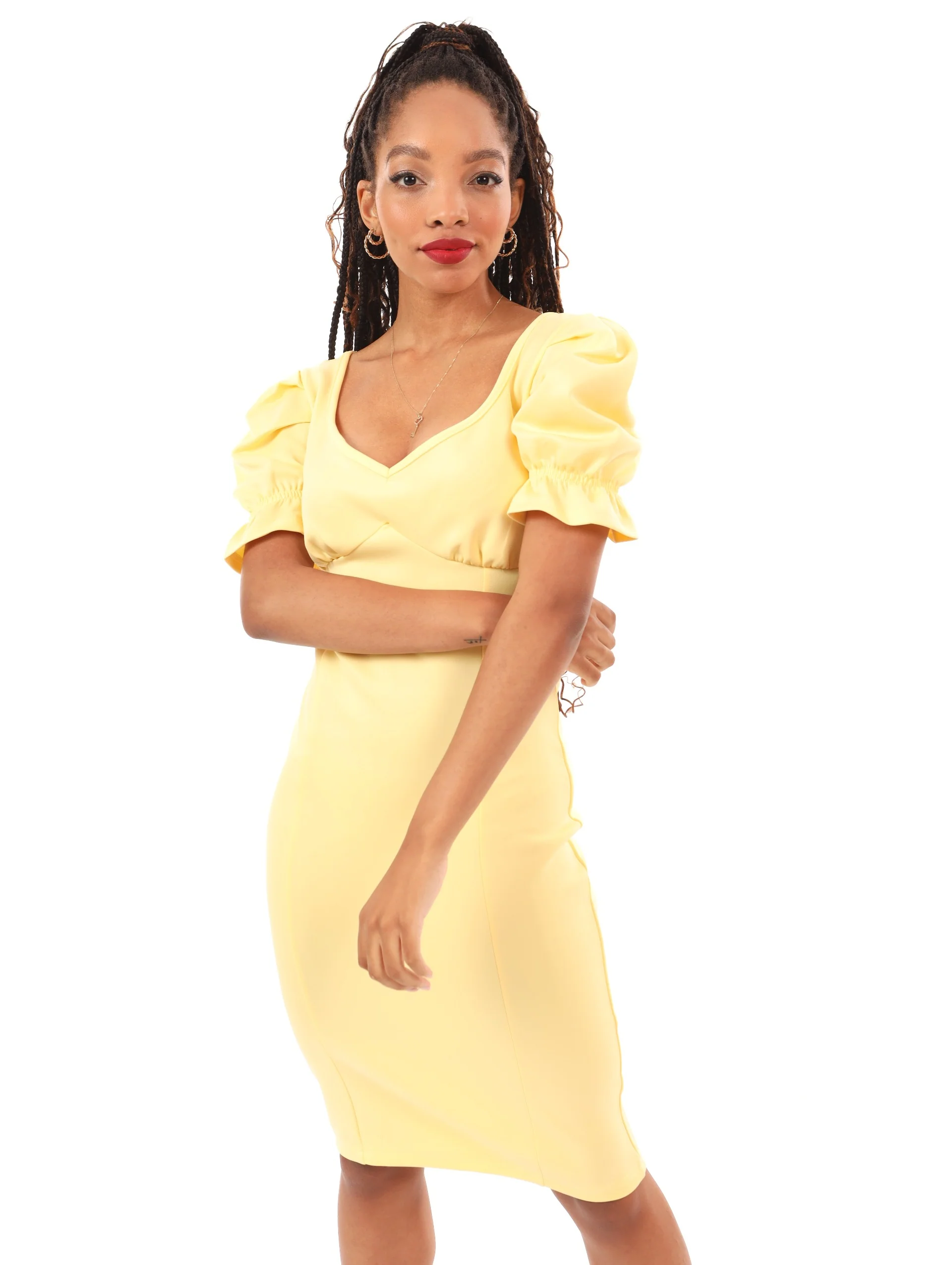 Puff Sleeve Bodycon Dress - Lemon