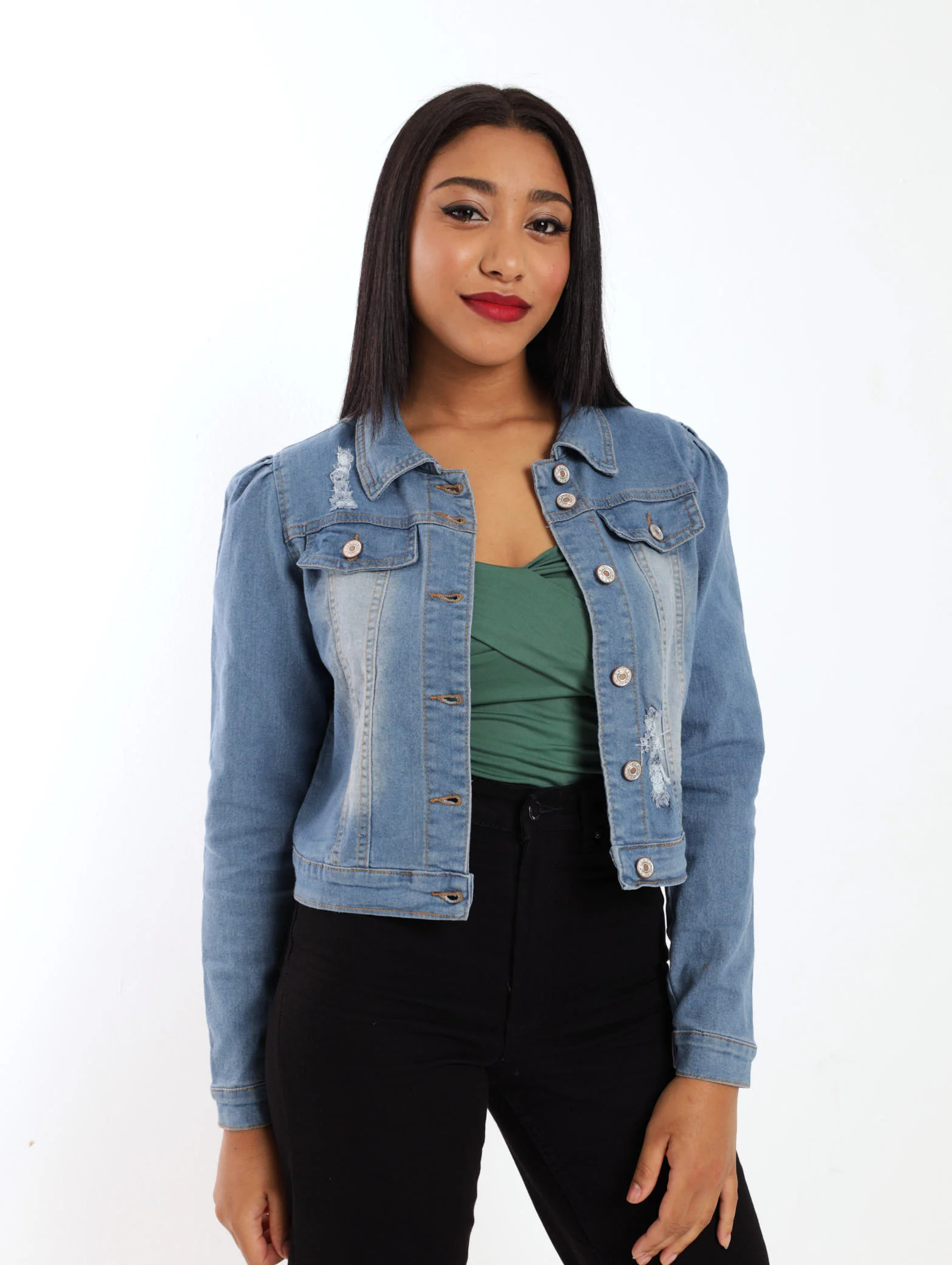 Puff Sleeve Denim Jacket - Mid Denim