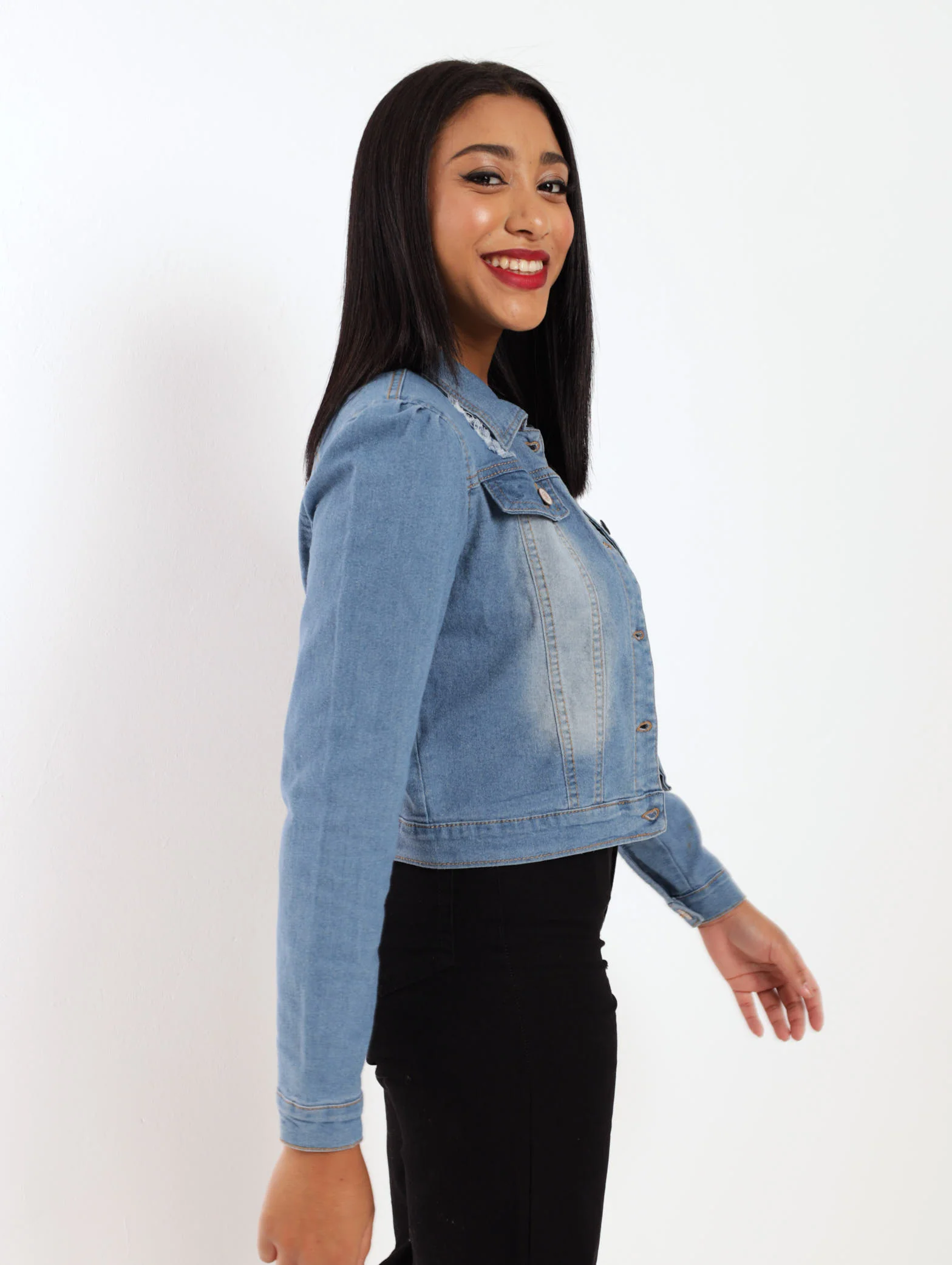 Puff Sleeve Denim Jacket - Mid Denim - Image 3