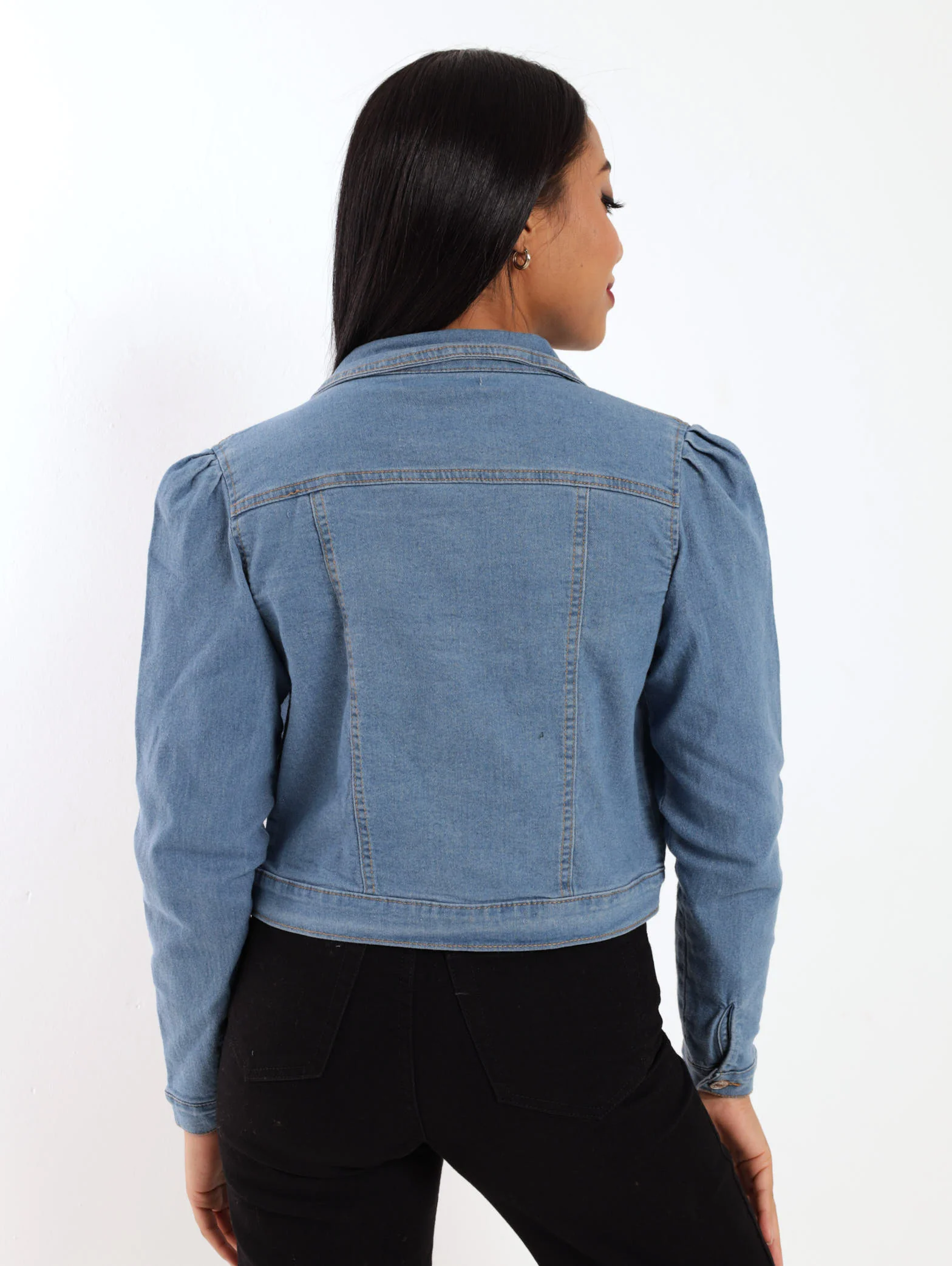 Puff Sleeve Denim Jacket - Mid Denim - Image 4