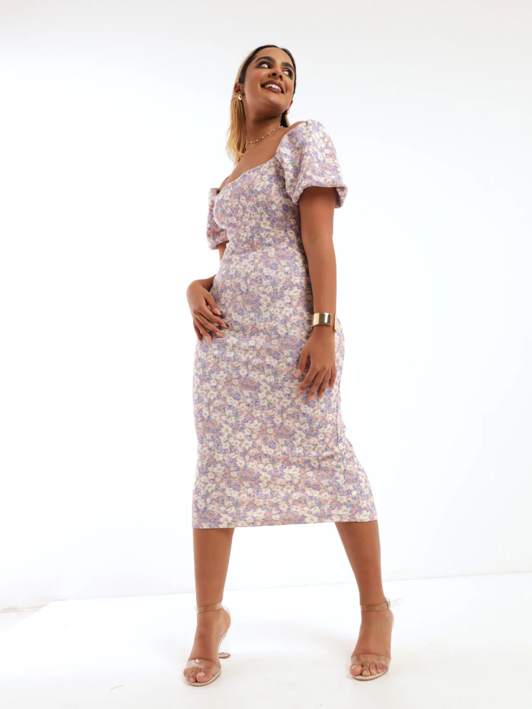 Puff Sleeve Ditsy Midi Dress - Lilac