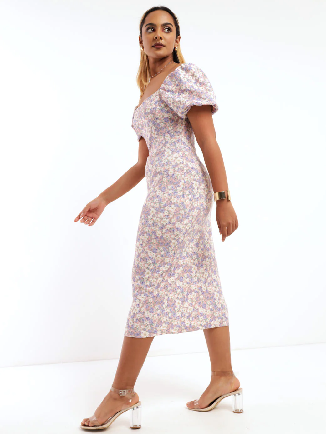 Puff Sleeve Ditsy Midi Dress - Lilac - Image 2