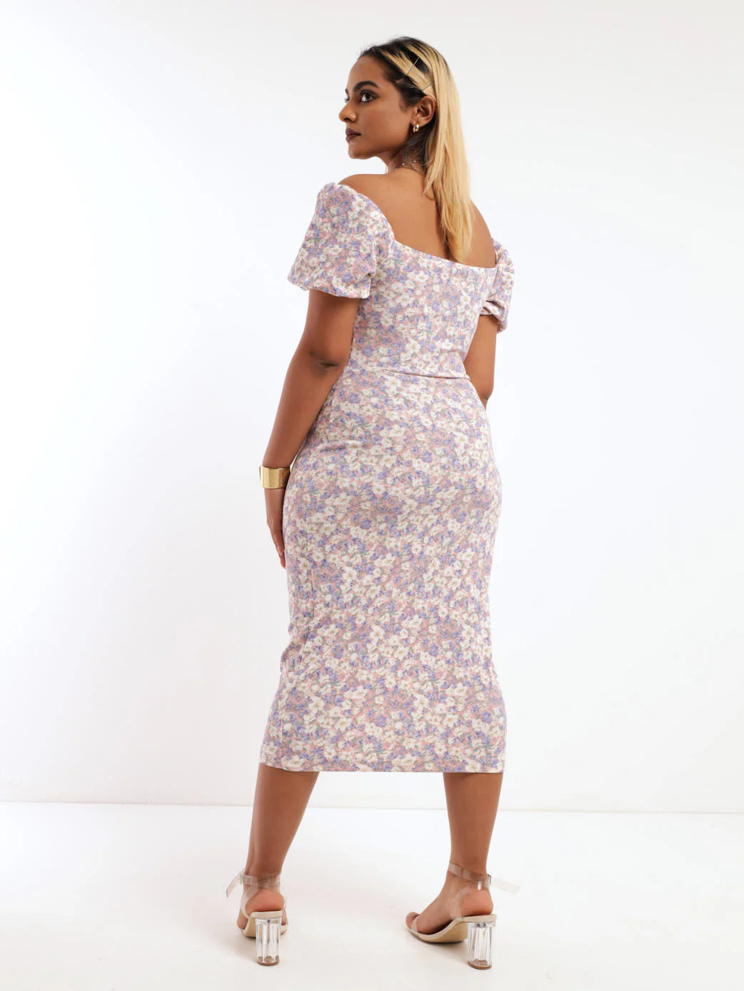Puff Sleeve Ditsy Midi Dress - Lilac - Image 3
