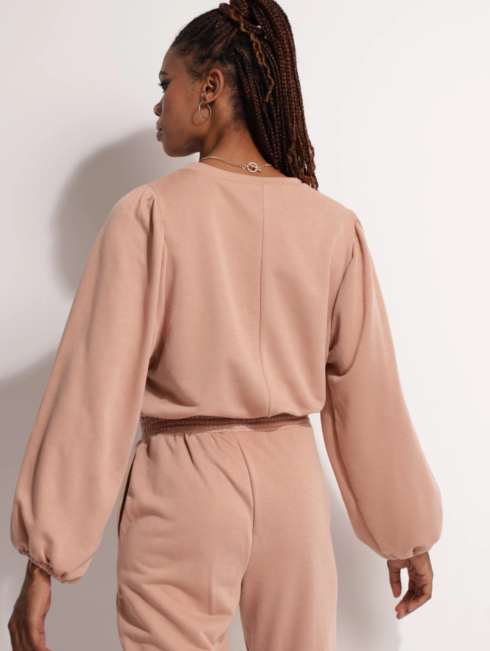 Puff Sleeve Elastic Hem Pullover - Stone - Image 4