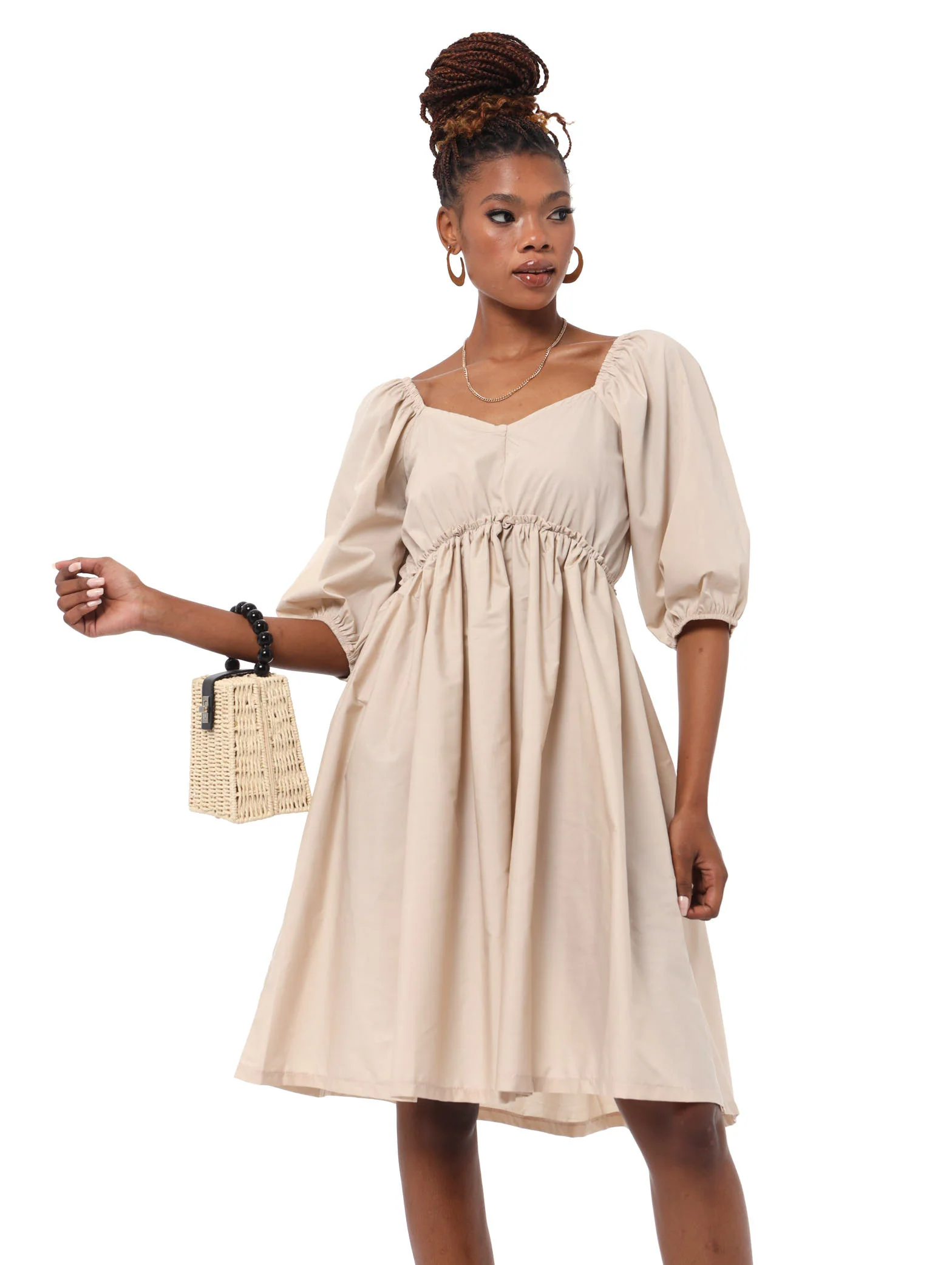 Puff Sleeve Empire Dress - Stone