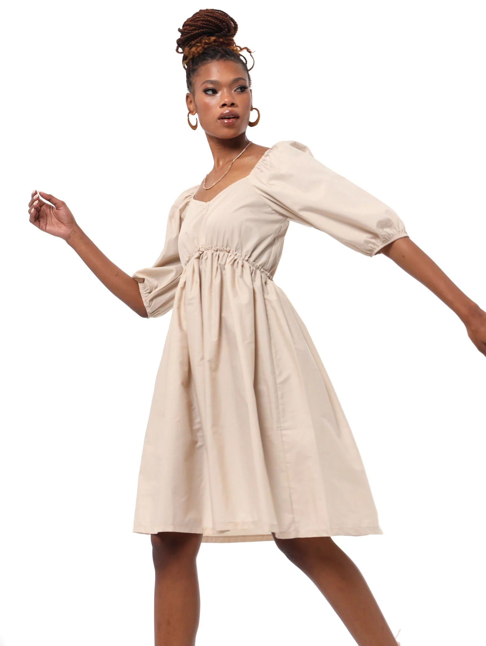 Puff Sleeve Empire Dress - Stone - Image 3