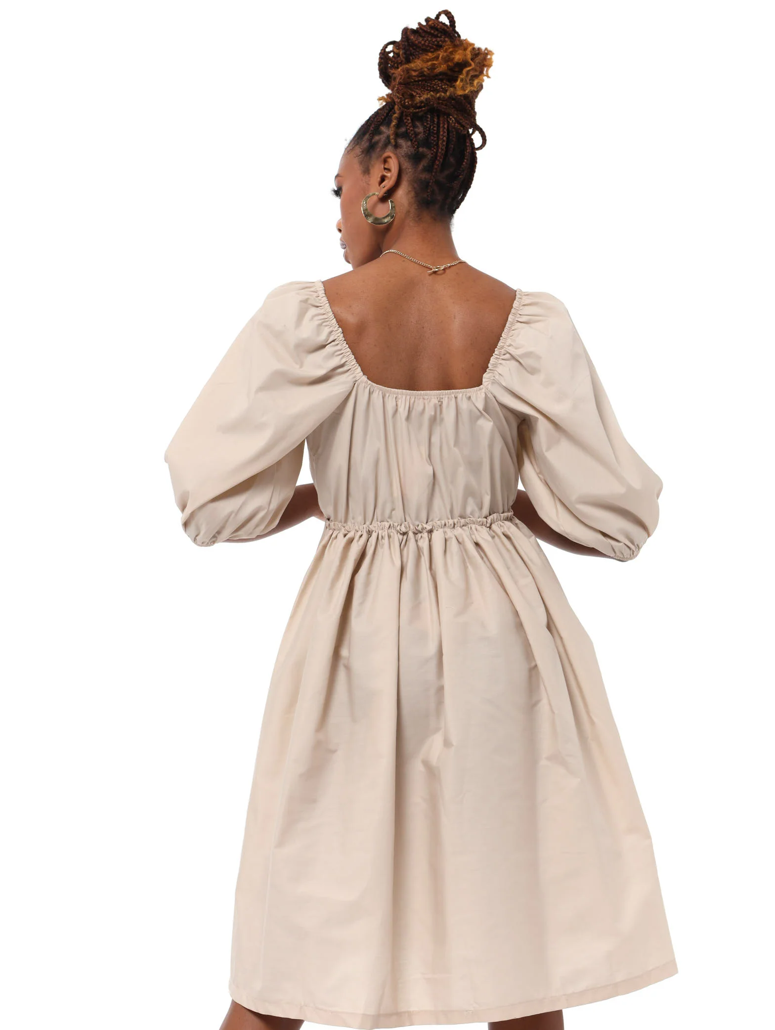 Puff Sleeve Empire Dress - Stone - Image 4