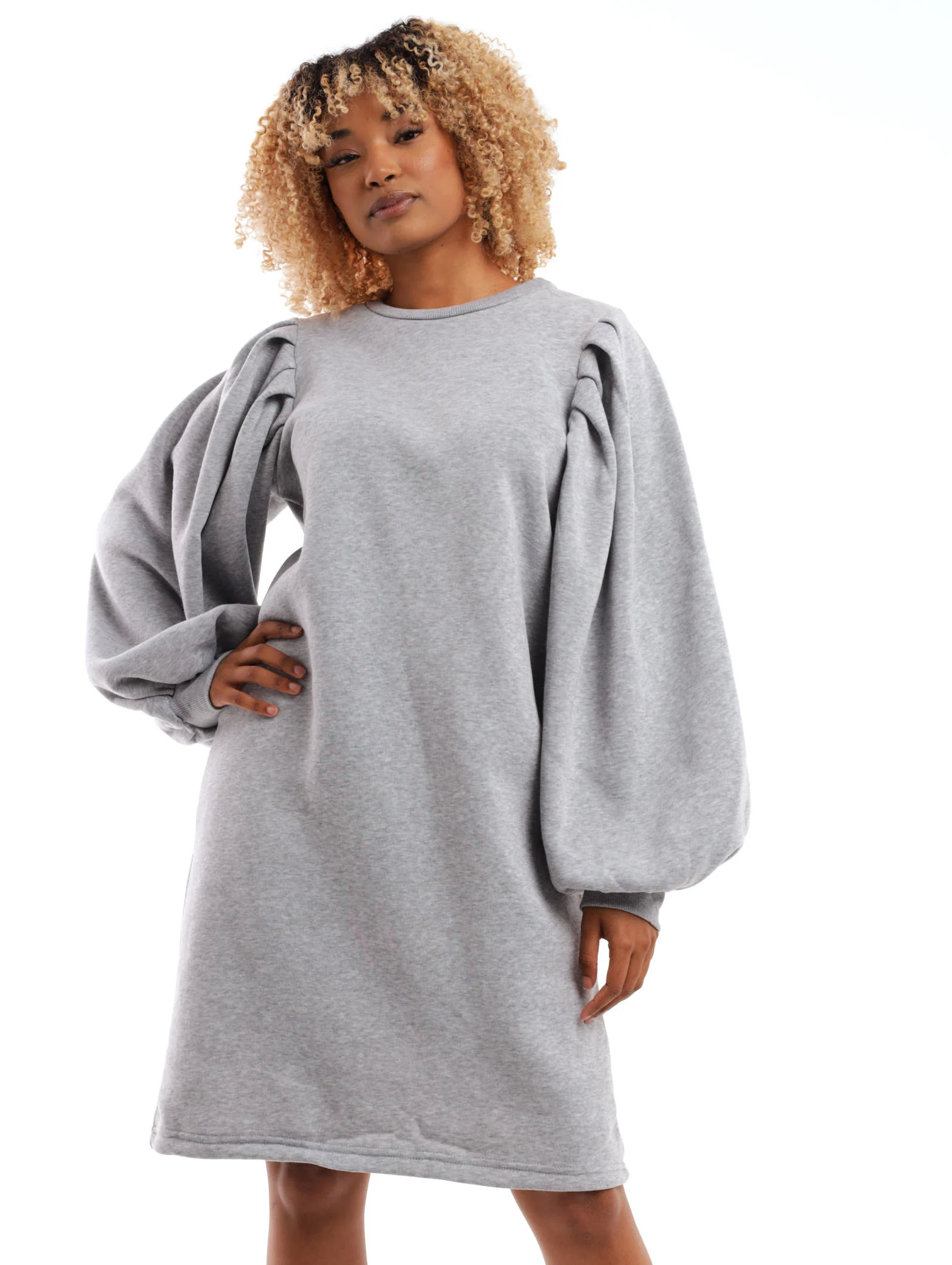 Puff Sleeve Fleece Dress - Grey Melange