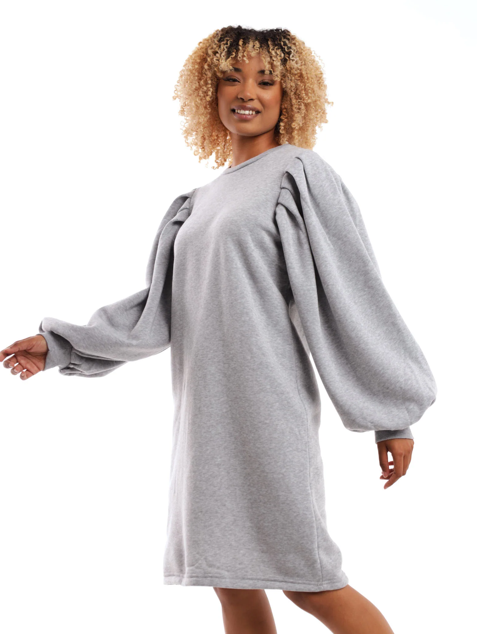 Puff Sleeve Fleece Dress - Grey Melange - Image 3