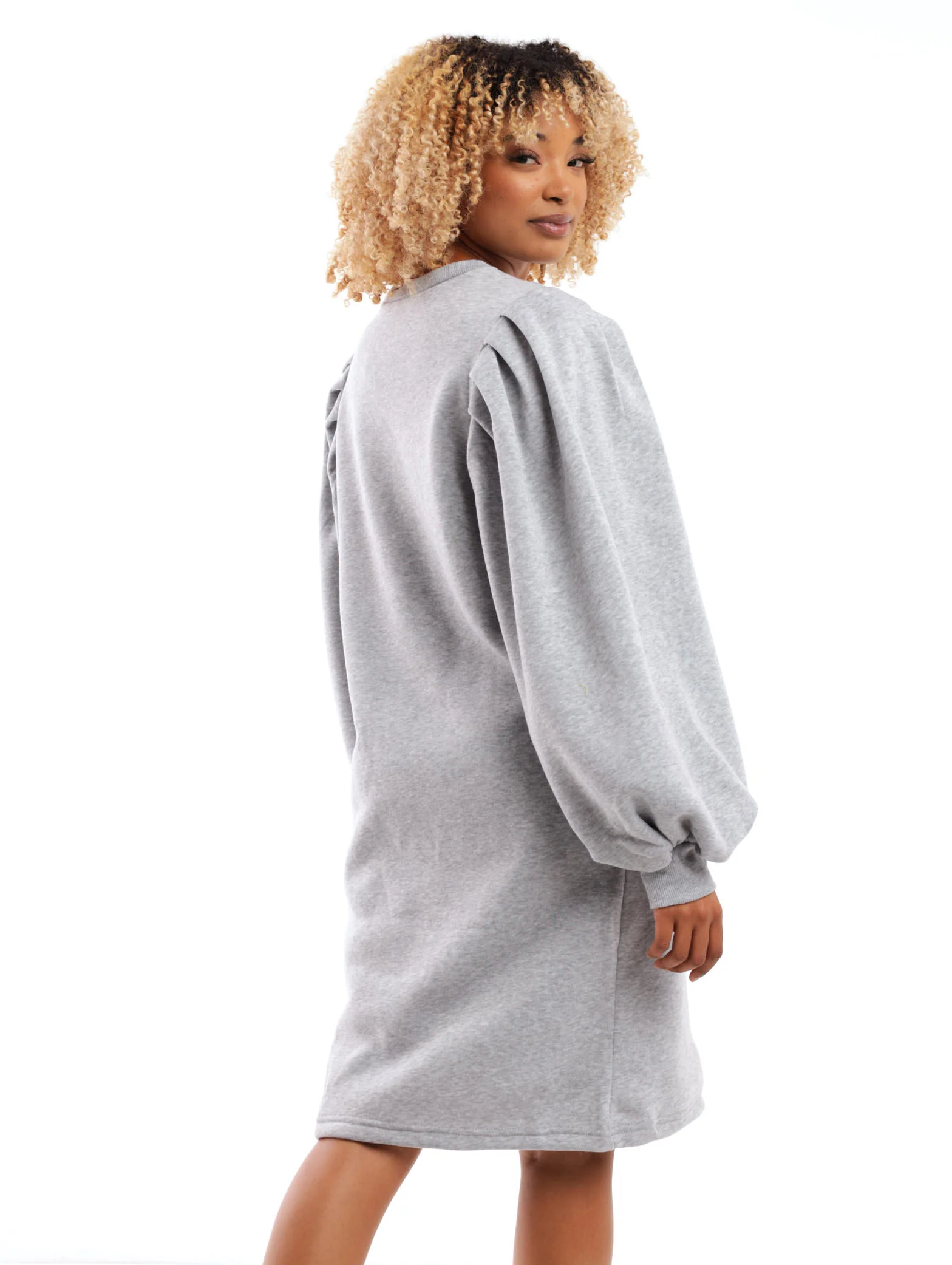 Puff Sleeve Fleece Dress - Grey Melange - Image 4