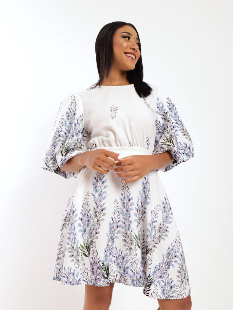 Puff Sleeve Mini Dress - Blue