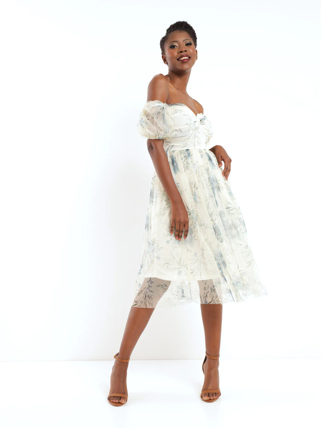 Puff Sleeve Off The Shoulder Floral Prom Dress - Blue - Image 2