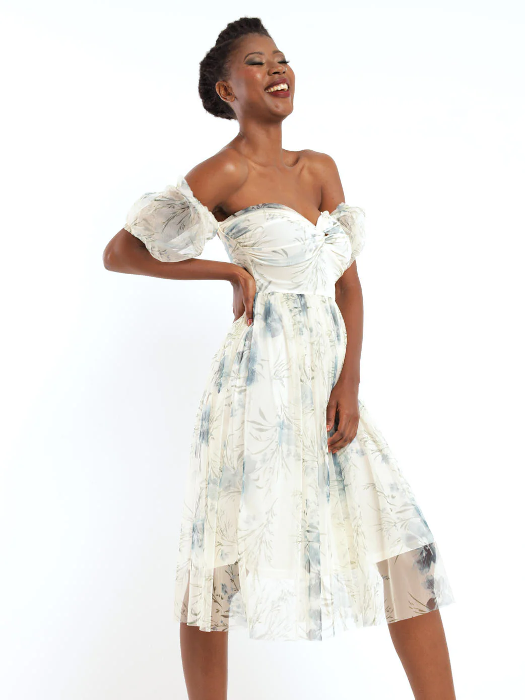 Puff Sleeve Off The Shoulder Floral Prom Dress - Blue - Image 3