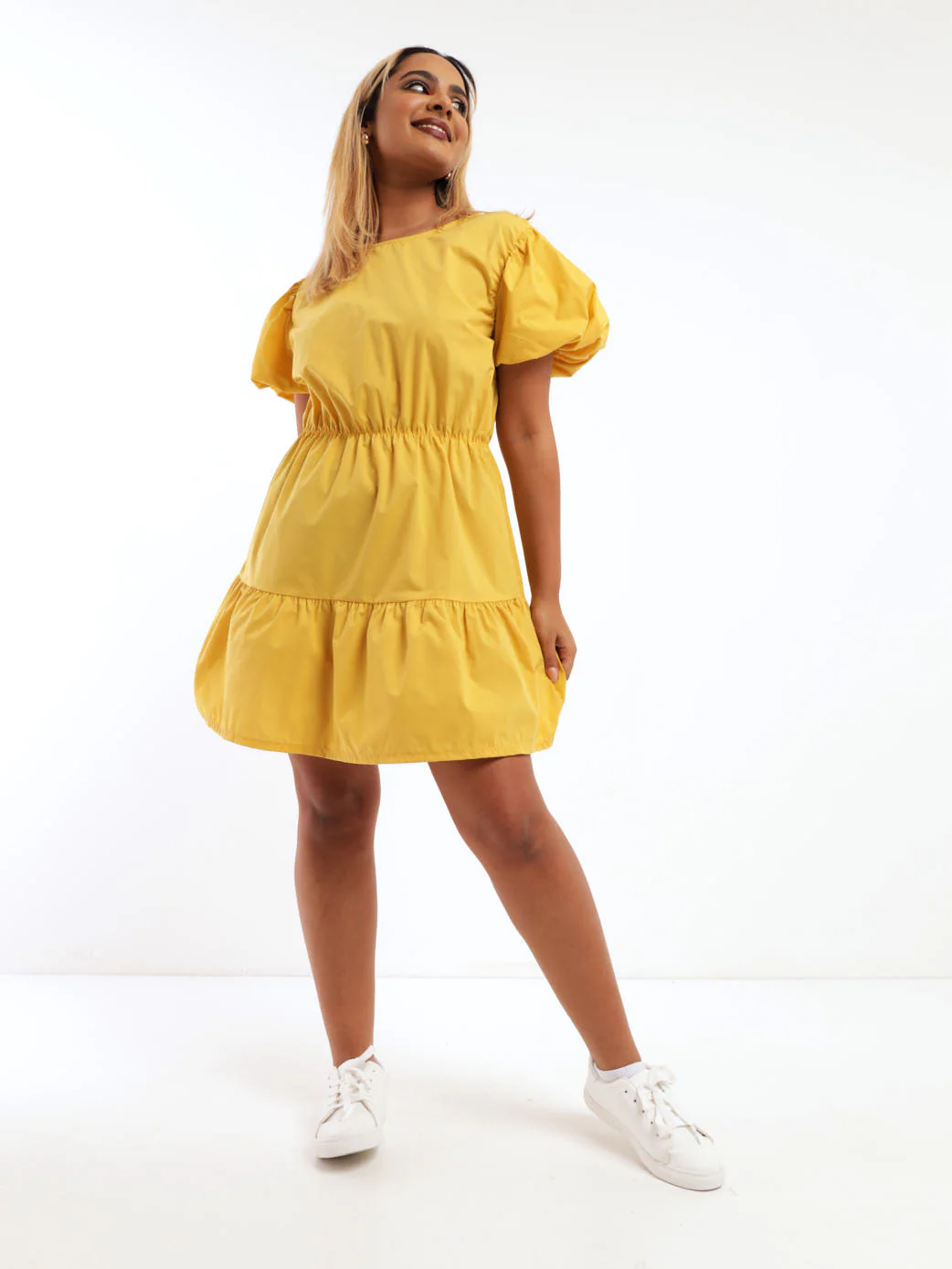 Puff Sleeve Poplin Tier Dress - Chartreuse - Image 2