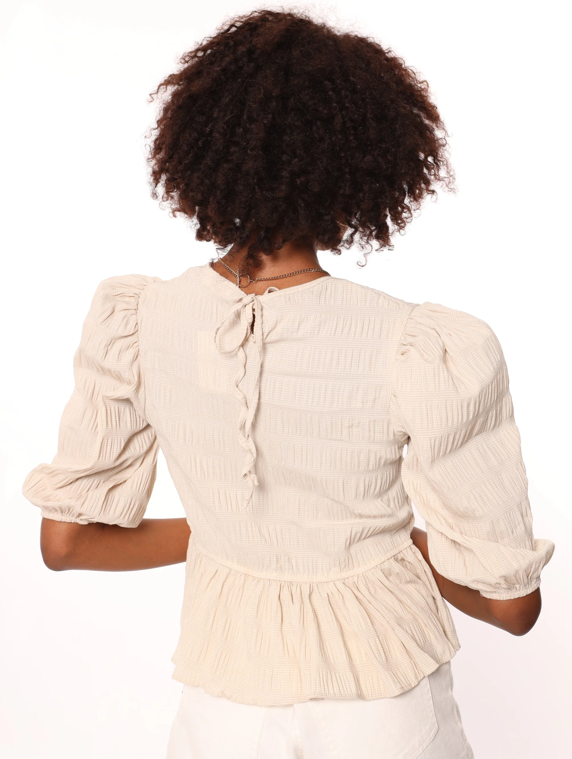 Puff Sleeve Seersucker Blouse - White/Beige - Image 4